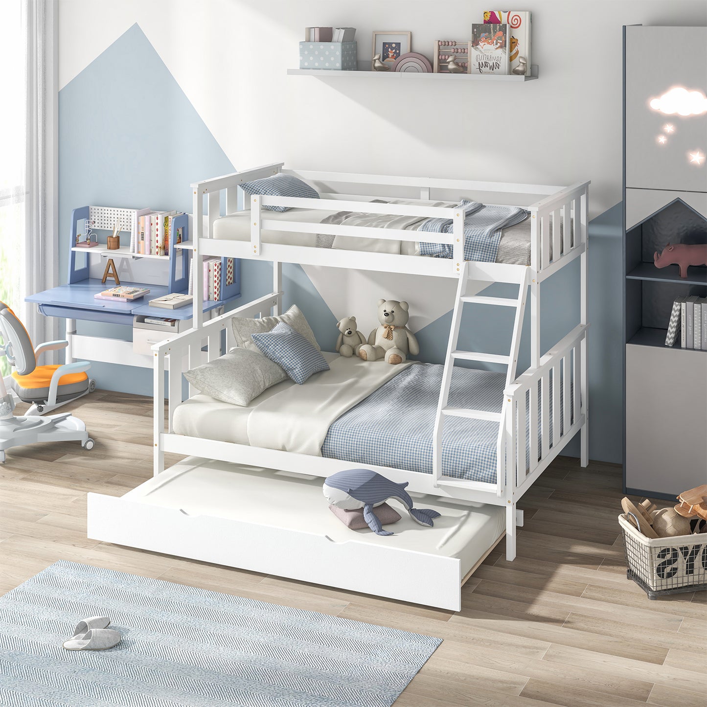 3-in-1 Twin Over Full Bunk Bed with Trundle and Ladder-White Kids Crystal
