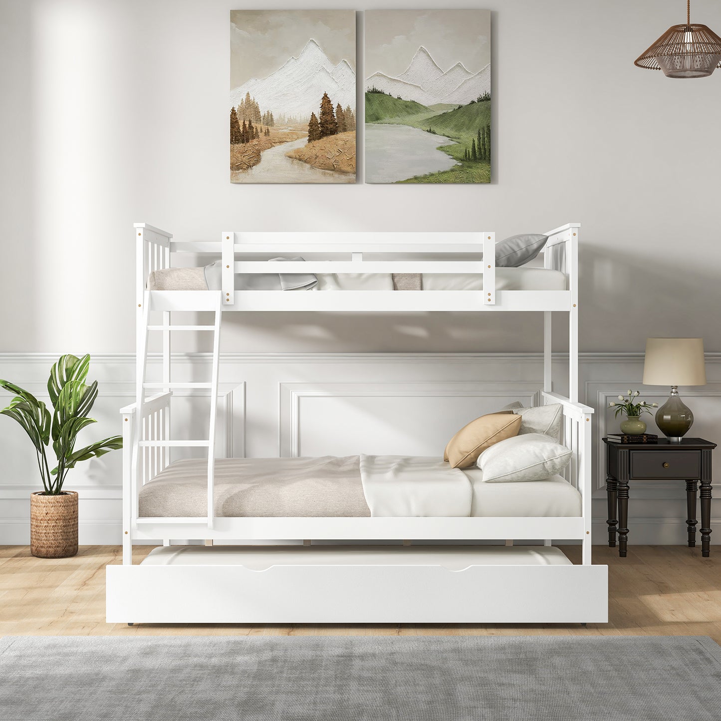 3-in-1 Twin Over Full Bunk Bed with Trundle and Ladder-White Kids Crystal