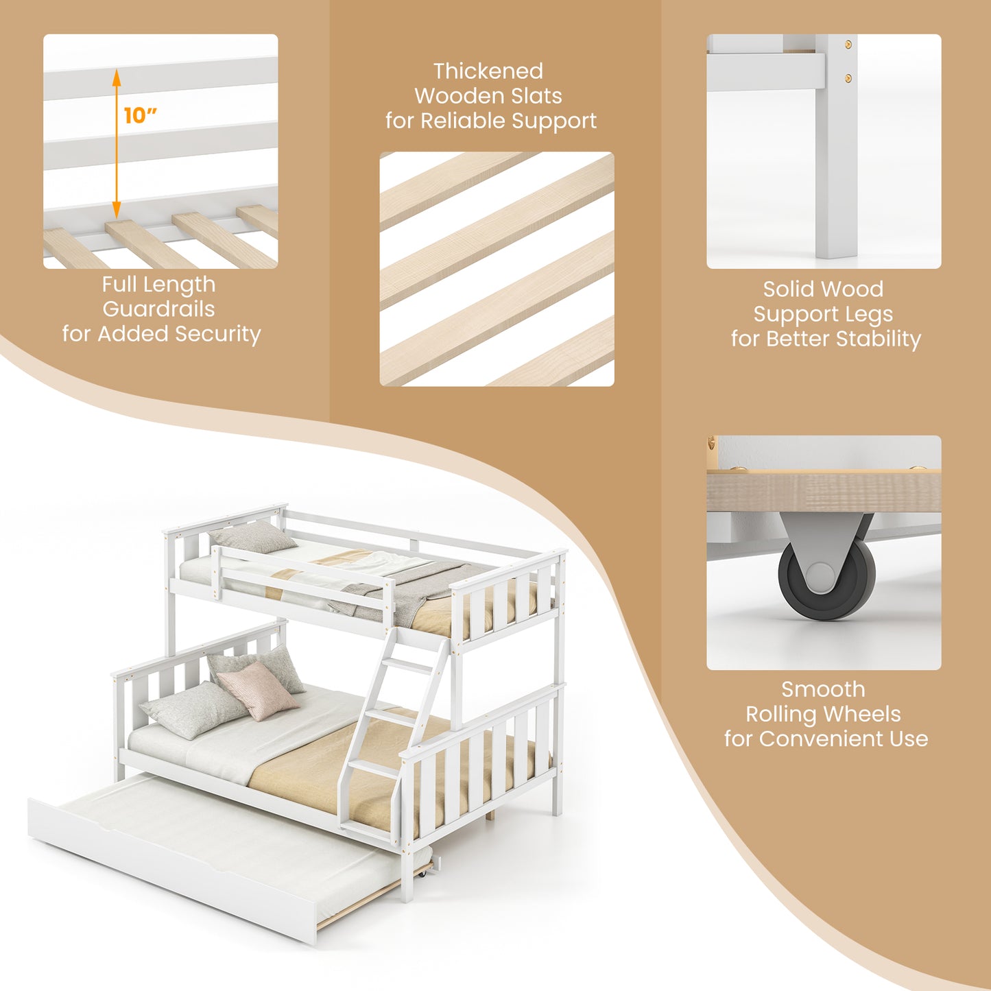 3-in-1 Twin Over Full Bunk Bed with Trundle and Ladder-White Kids Crystal