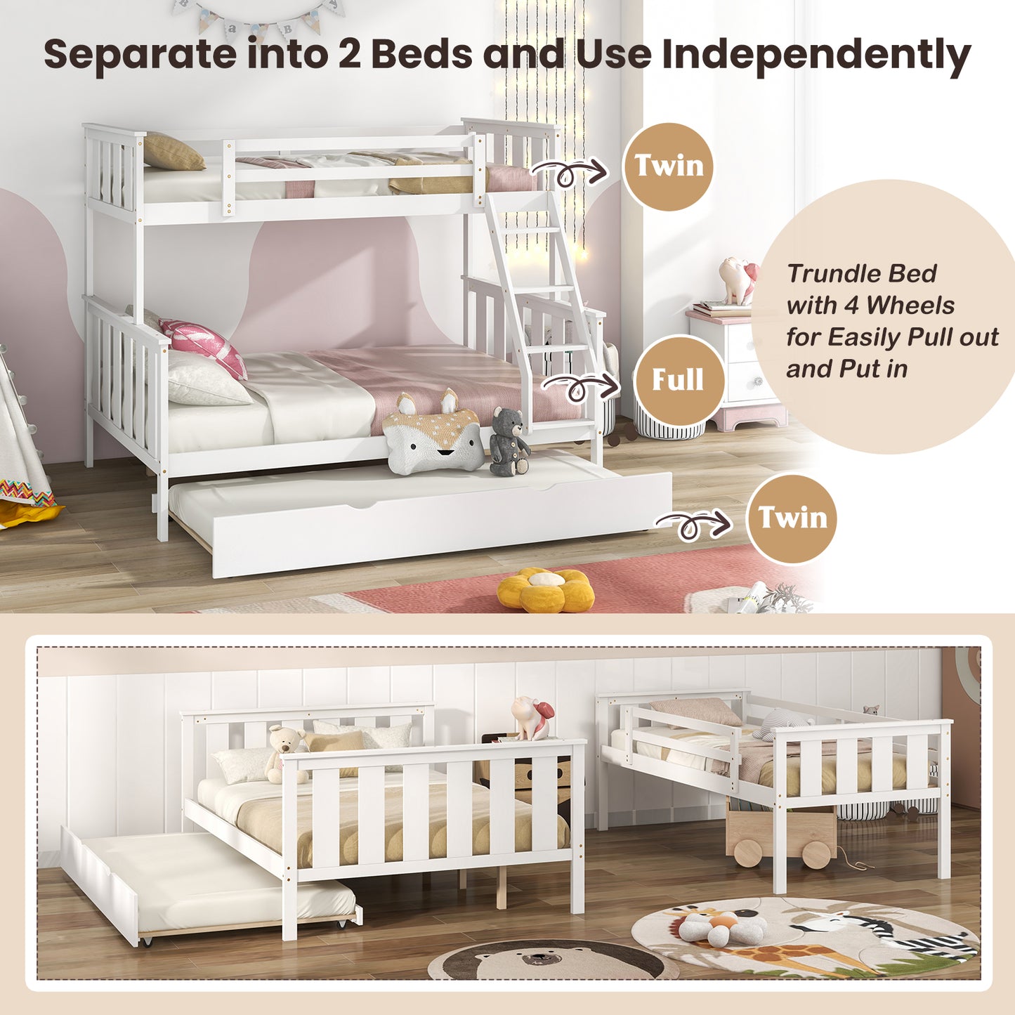 3-in-1 Twin Over Full Bunk Bed with Trundle and Ladder-White Kids Crystal