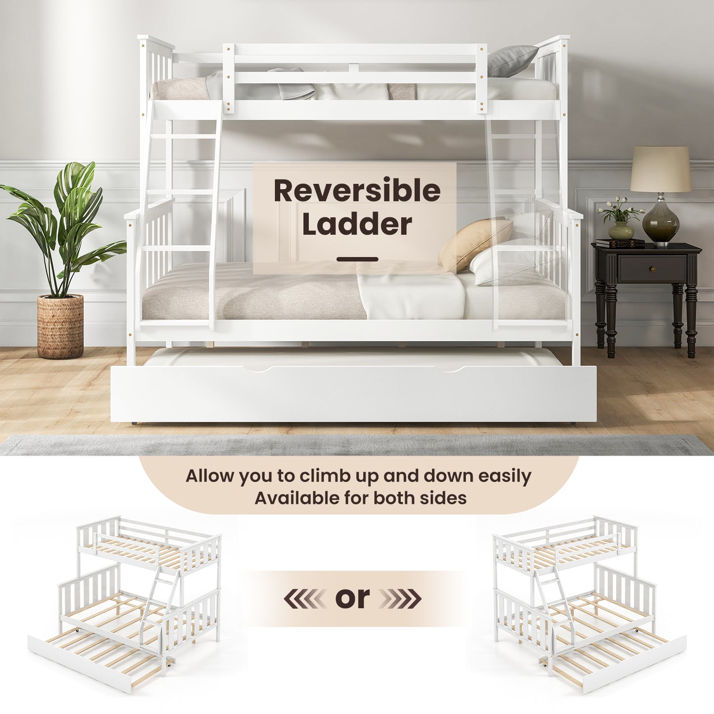 3-in-1 Twin Over Full Bunk Bed with Trundle and Ladder-White Kids Crystal