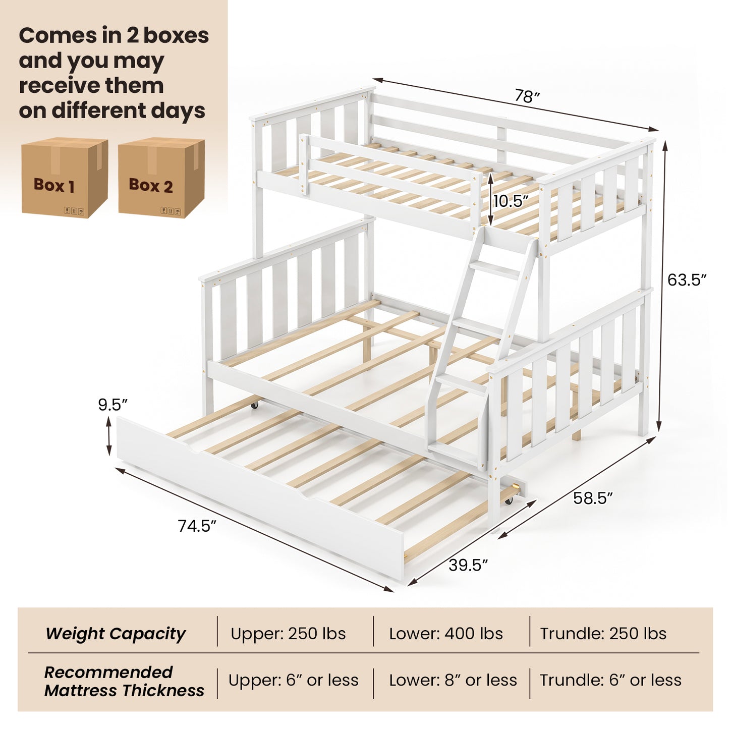 3-in-1 Twin Over Full Bunk Bed with Trundle and Ladder-White Kids Crystal