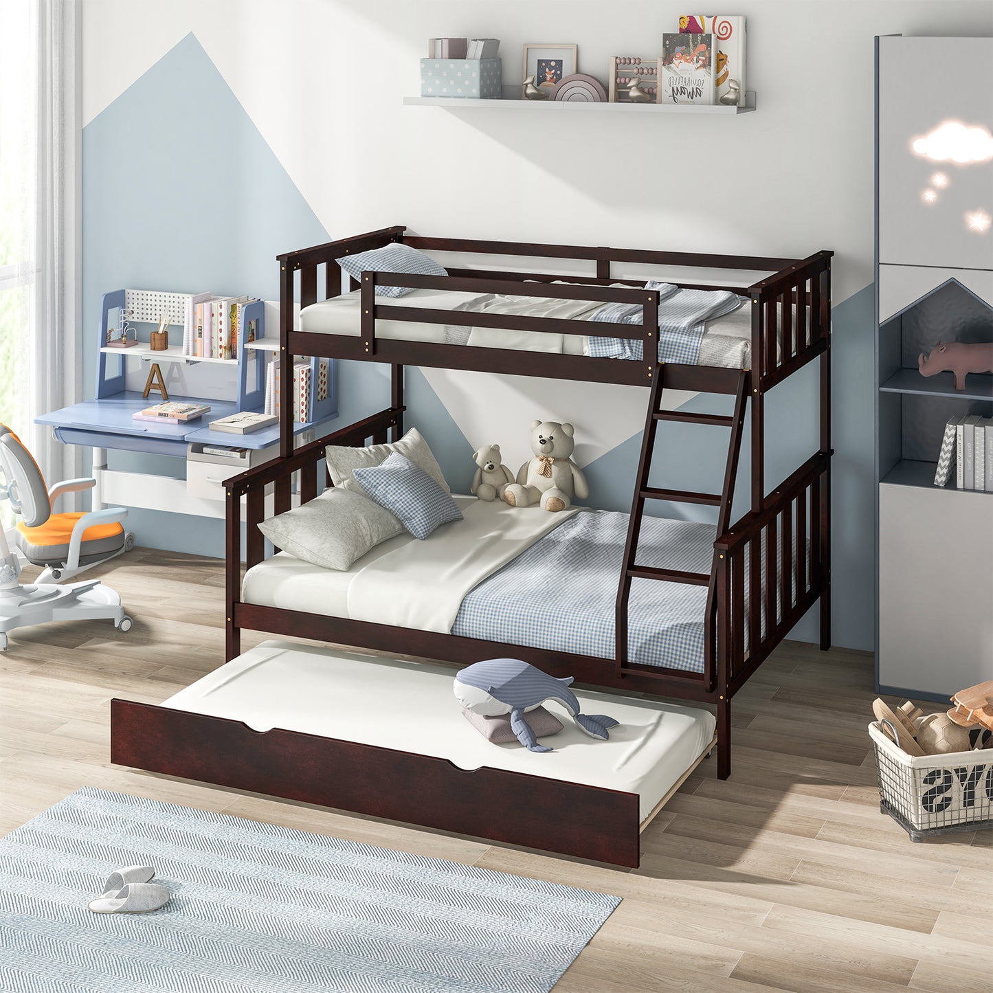 3-in-1 Twin Over Full Bunk Bed with Trundle and Ladder-Espresso Kids Crystal