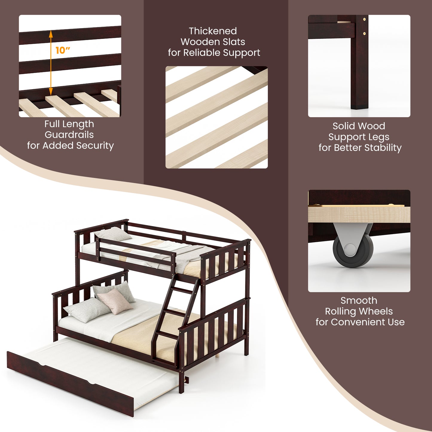 3-in-1 Twin Over Full Bunk Bed with Trundle and Ladder-Espresso Kids Crystal