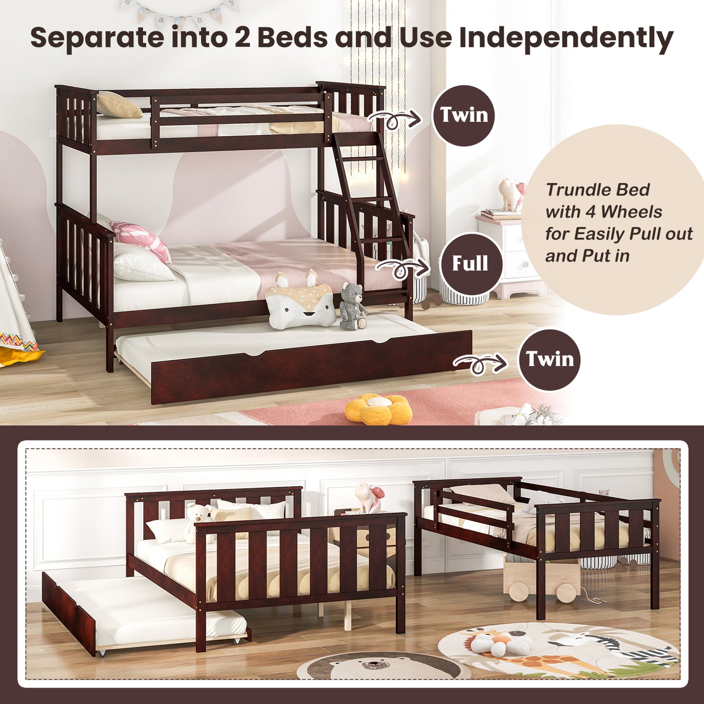 3-in-1 Twin Over Full Bunk Bed with Trundle and Ladder-Espresso Kids Crystal