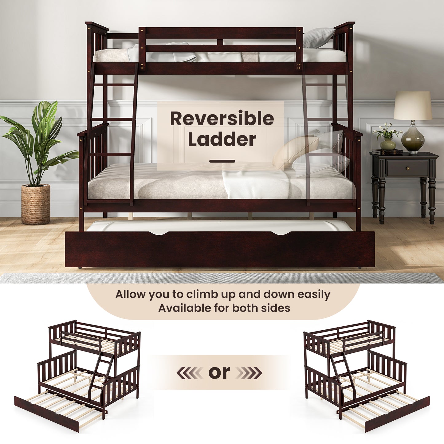 3-in-1 Twin Over Full Bunk Bed with Trundle and Ladder-Espresso Kids Crystal