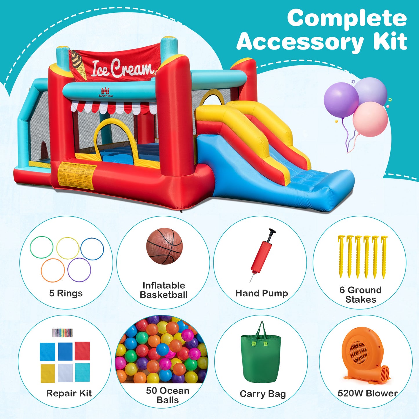 5-in-1 Ice Cream Inflatable Bounce House with Ball Pit and Slide with 520W Blower Kids Crystal