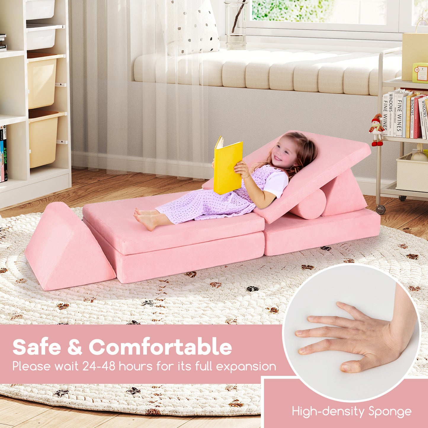 8 Pieces Kids Play Couch Foam Building Fort Play Set with Suede Cover-Pink Kids Crystal