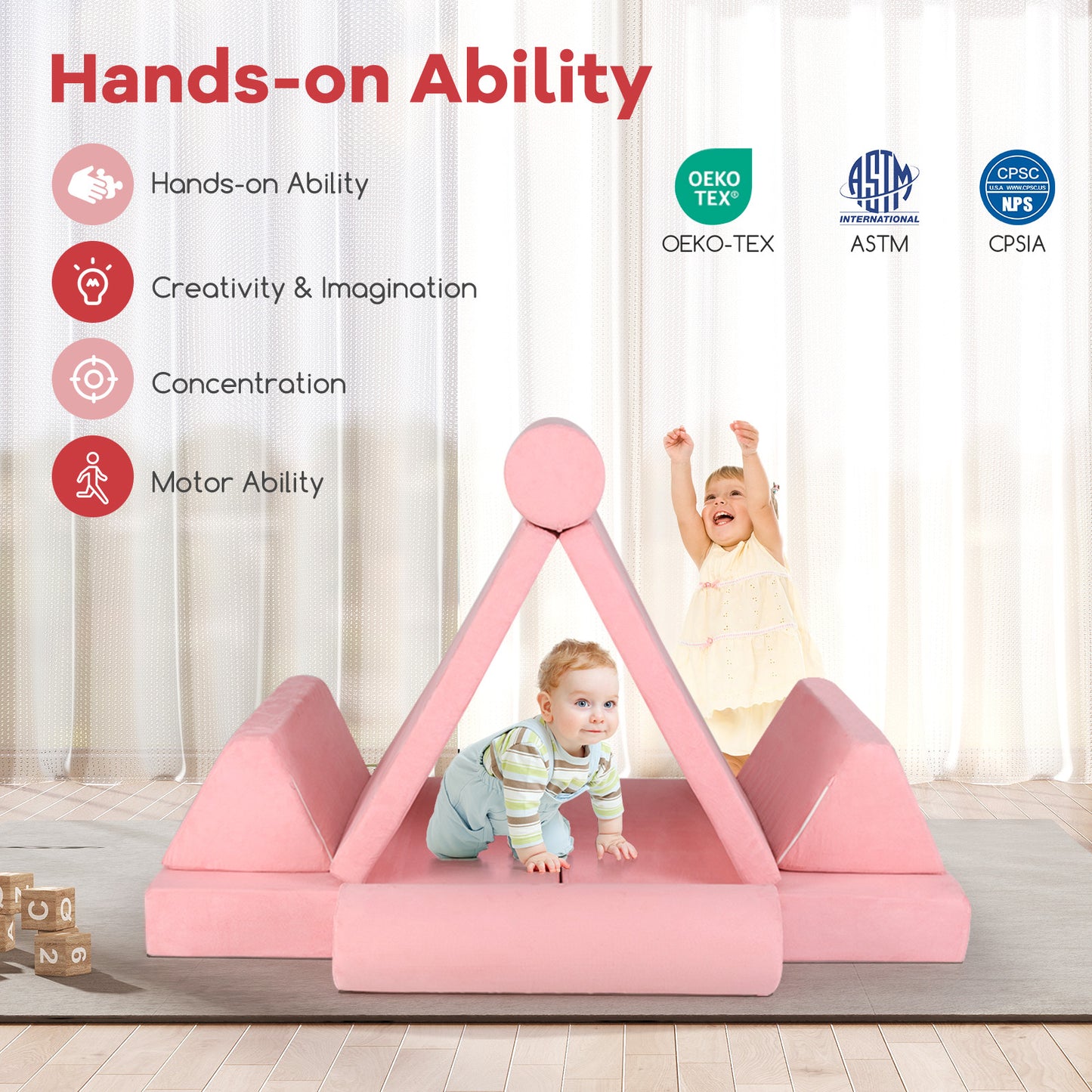 8 Pieces Kids Play Couch Foam Building Fort Play Set with Suede Cover-Pink