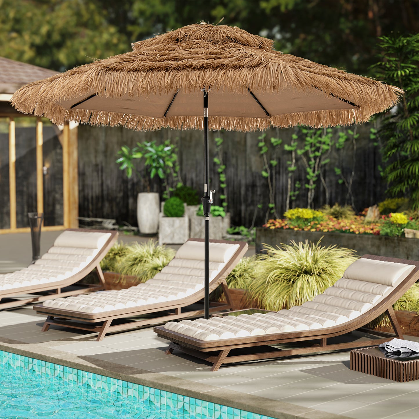 10 Feet Hawaiian Style Solar Lighted Thatched Tiki Patio Umbrella Kids Crystal