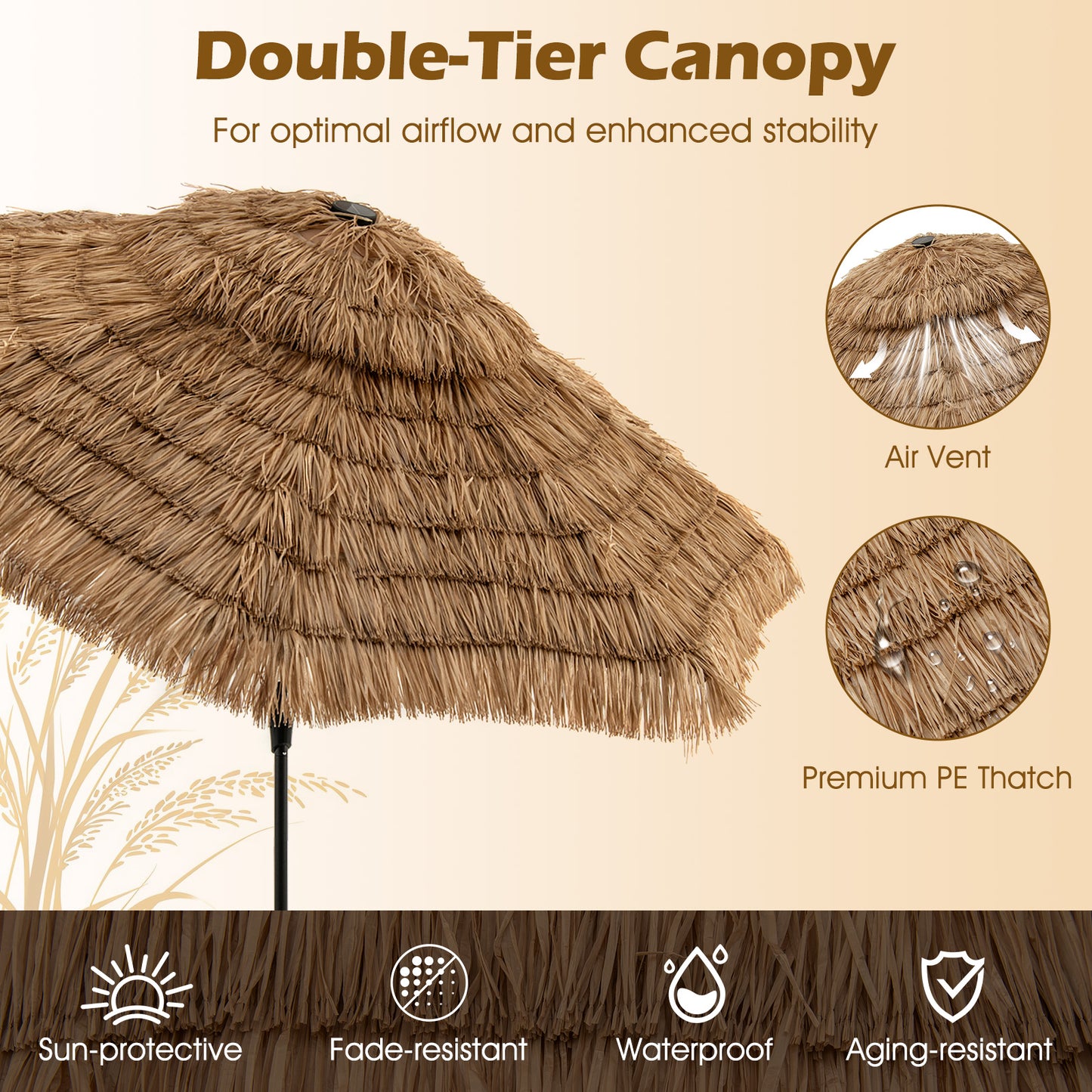 10 Feet Hawaiian Style Solar Lighted Thatched Tiki Patio Umbrella Kids Crystal