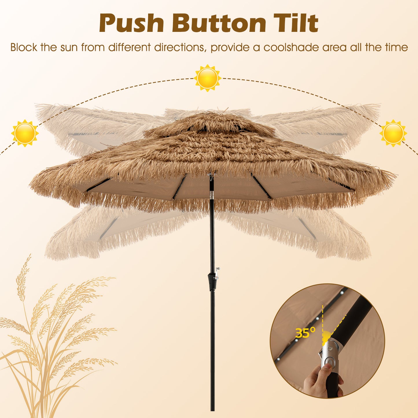 10 Feet Hawaiian Style Solar Lighted Thatched Tiki Patio Umbrella Kids Crystal
