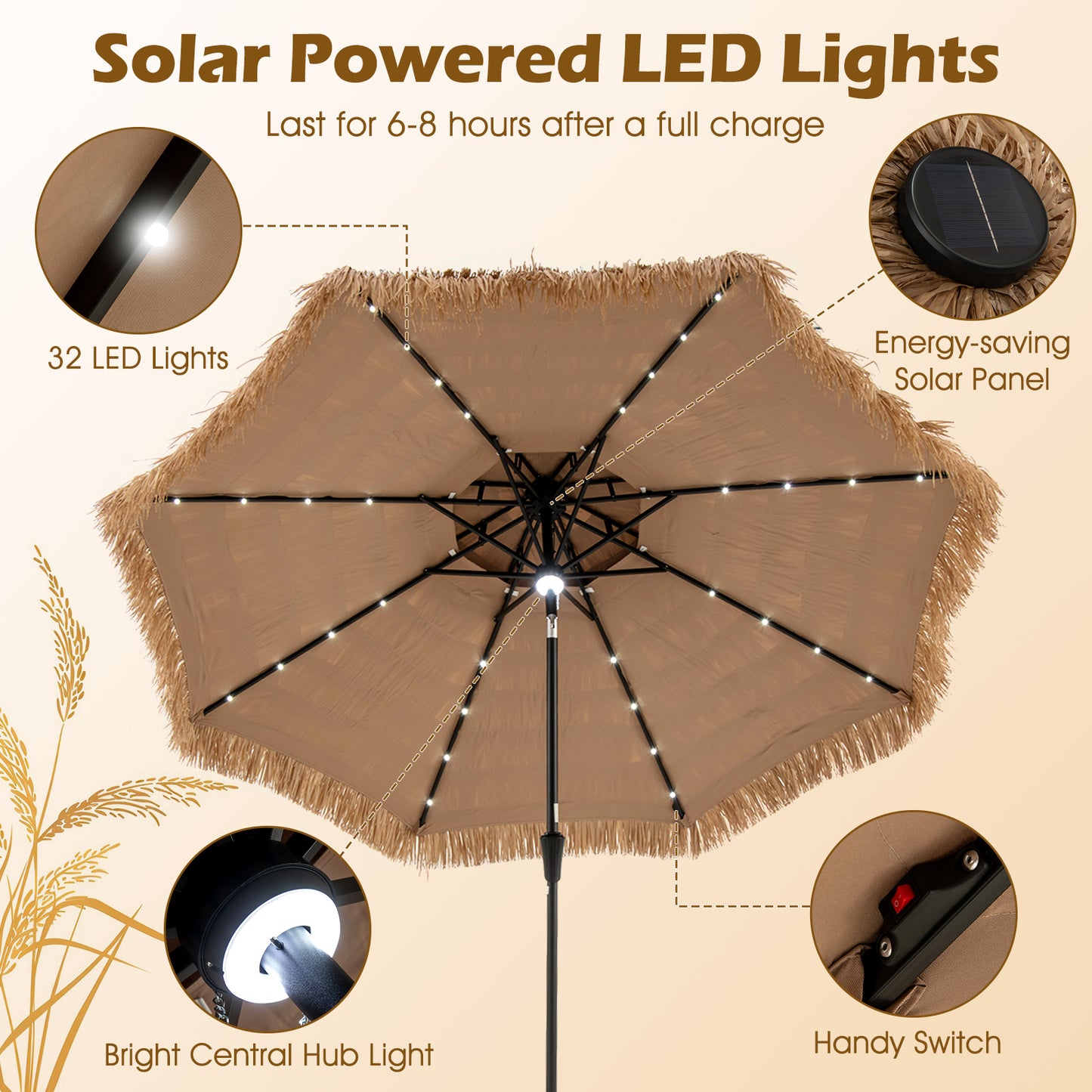 10 Feet Hawaiian Style Solar Lighted Thatched Tiki Patio Umbrella Kids Crystal