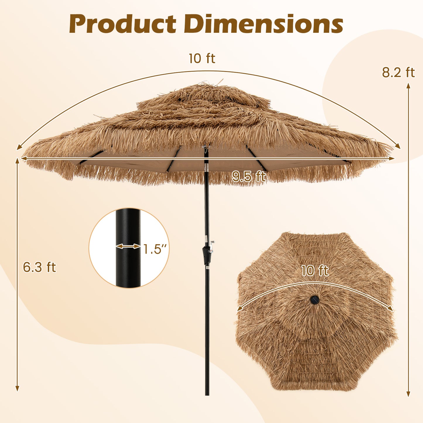 10 Feet Hawaiian Style Solar Lighted Thatched Tiki Patio Umbrella Kids Crystal