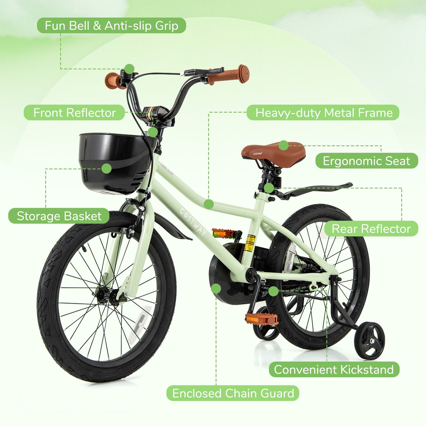18-Inch Kids Bike Adjustable with Training Wheels for 4-8 Years Old Kids Crystal