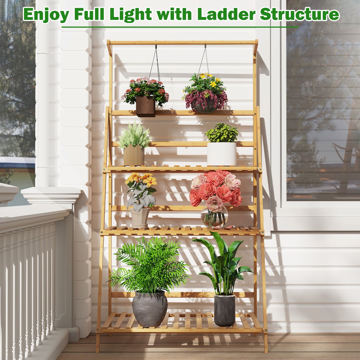 3 Tier Bamboo Hanging Plant Stand with Height Adjustable Hanger Rod-Natural