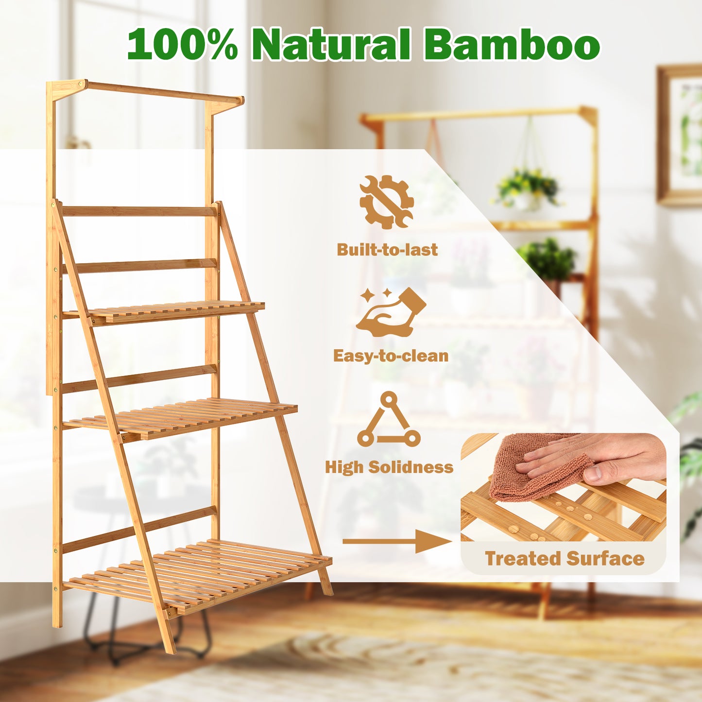 3 Tier Bamboo Hanging Plant Stand with Height Adjustable Hanger Rod-Natural