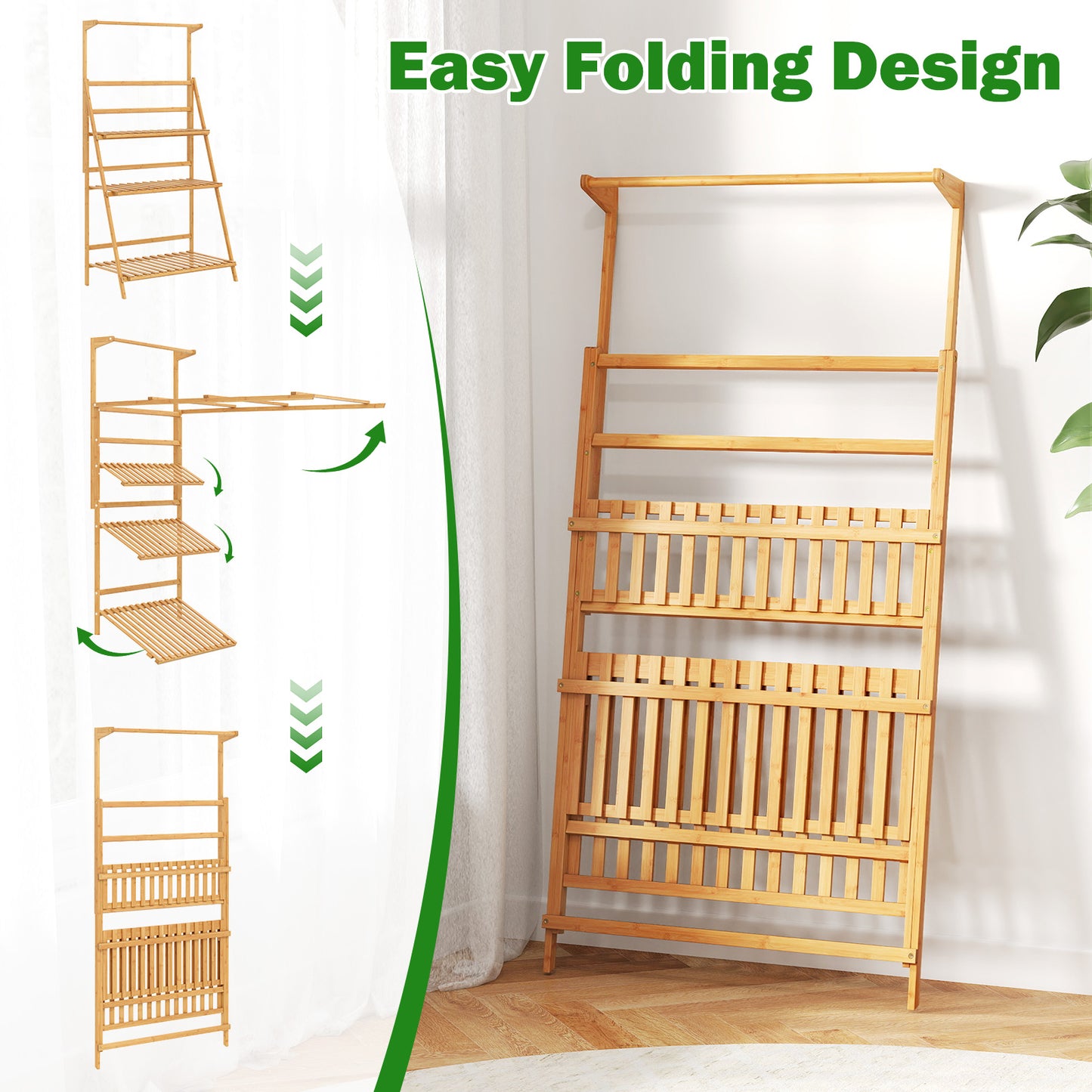 3 Tier Bamboo Hanging Plant Stand with Height Adjustable Hanger Rod-Natural
