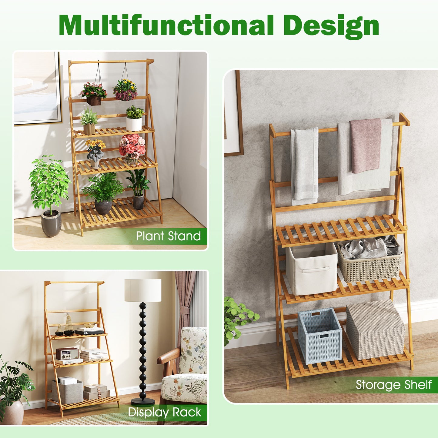 3 Tier Bamboo Hanging Plant Stand with Height Adjustable Hanger Rod-Natural Kids Crystal