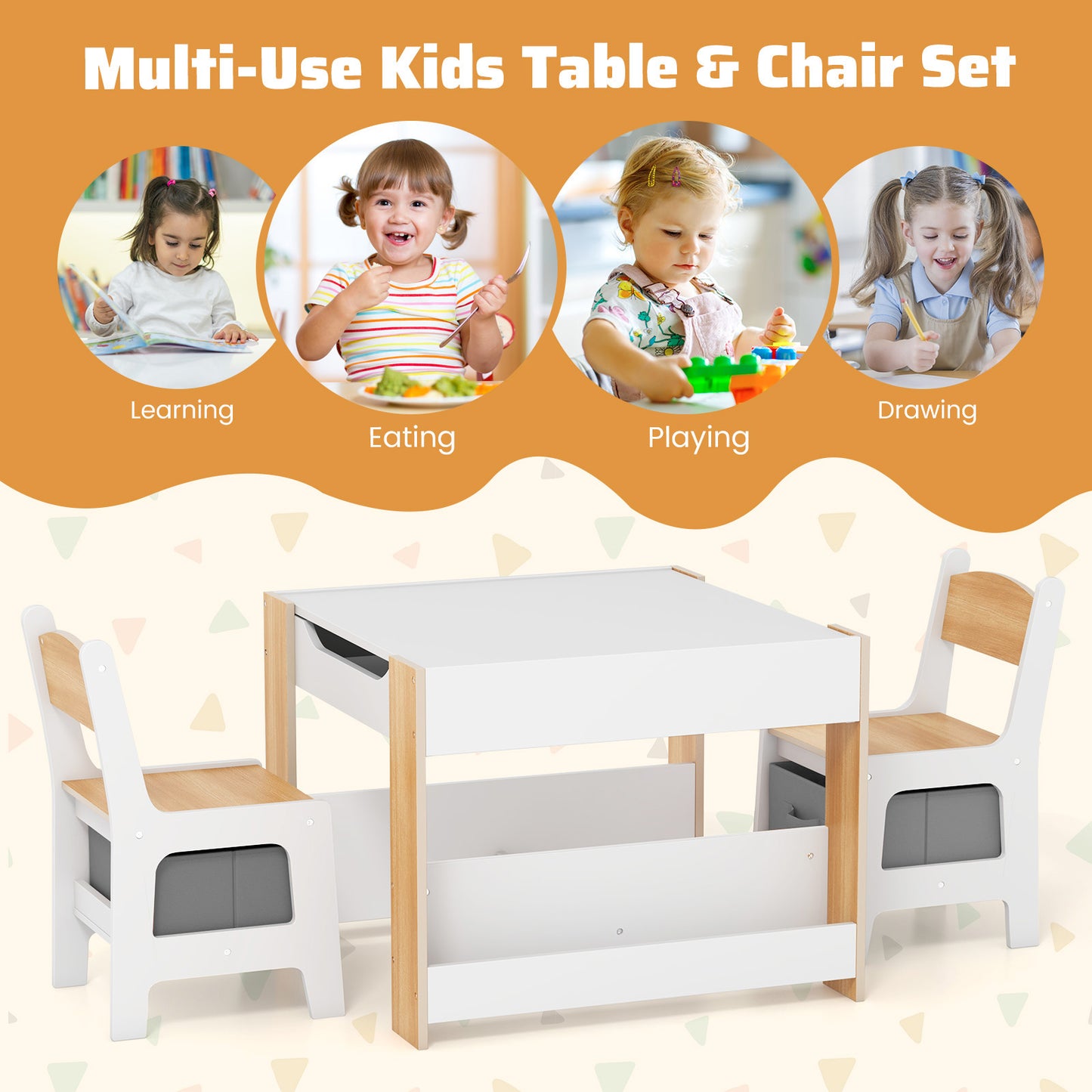 4 in 1 Kids Toddler Activity Table and Chairs Set with Reversible Tabletop-Natural Kids Crystal