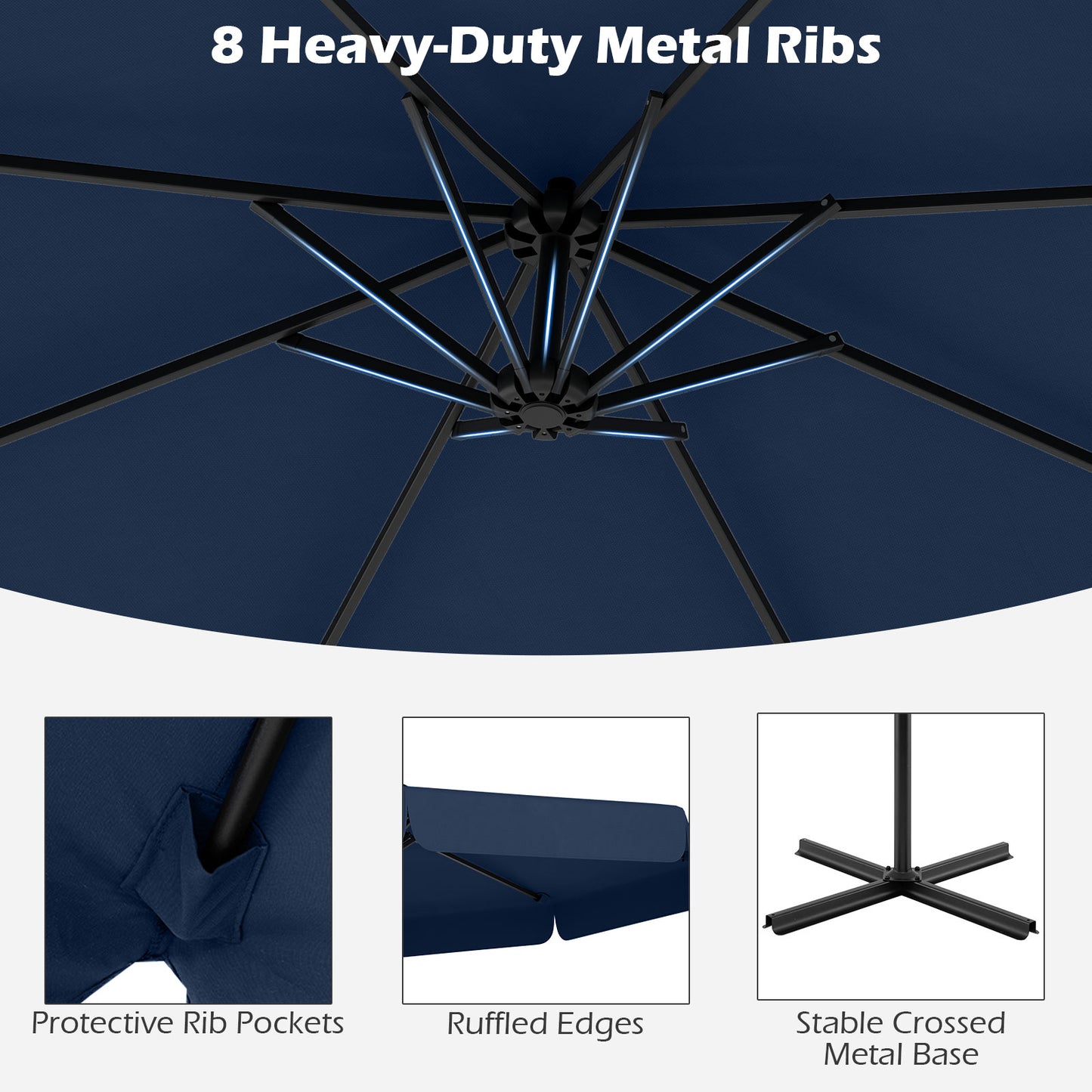 10 Feet Patio Cantilever Umbrella with Cover Tilt Adjustment and Ruffled Edge-Navy Kids Crystal