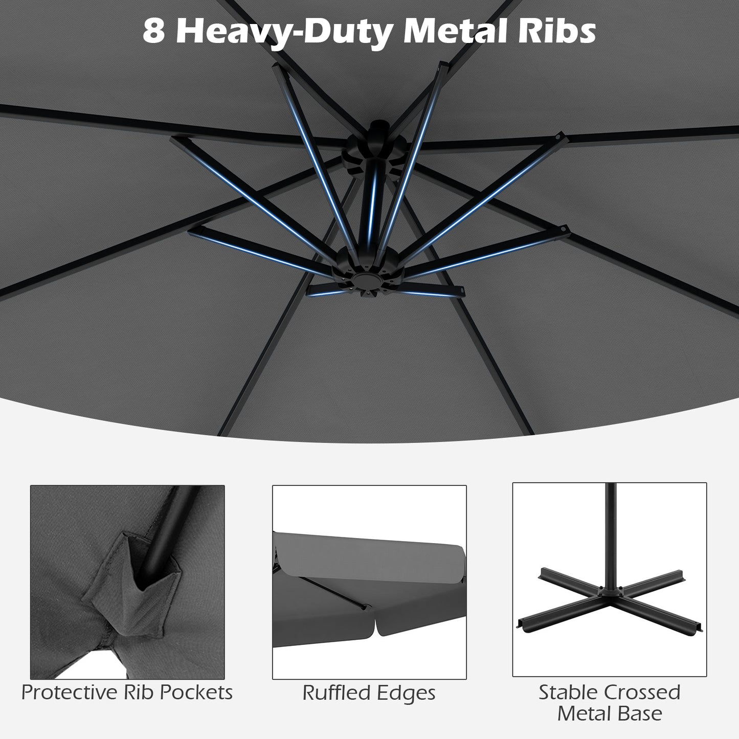 10 Feet Patio Cantilever Umbrella with Cover Tilt Adjustment and Ruffled Edge-Gray Kids Crystal