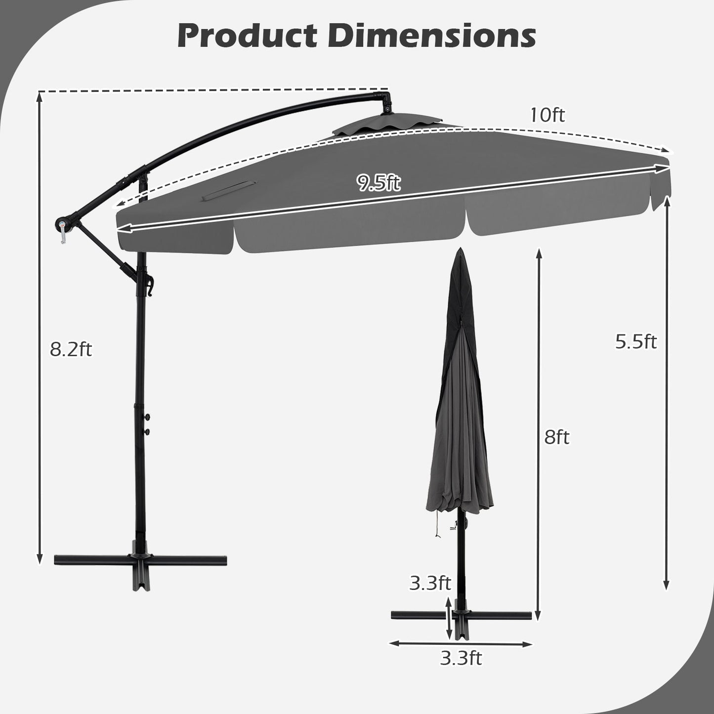 10 Feet Patio Cantilever Umbrella with Cover Tilt Adjustment and Ruffled Edge-Gray Kids Crystal