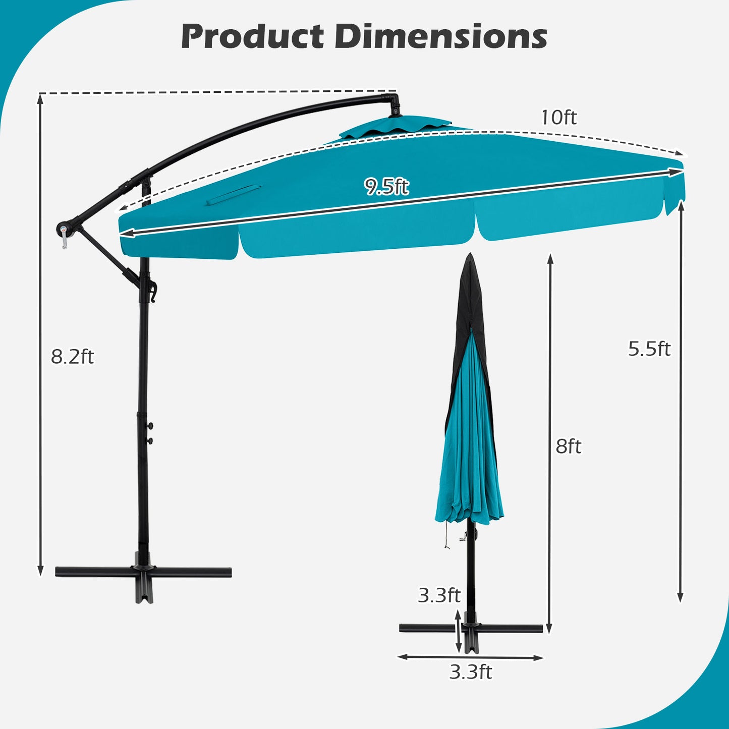 10 Feet Patio Cantilever Umbrella with Cover Tilt Adjustment and Ruffled Edge-Turquoise Kids Crystal