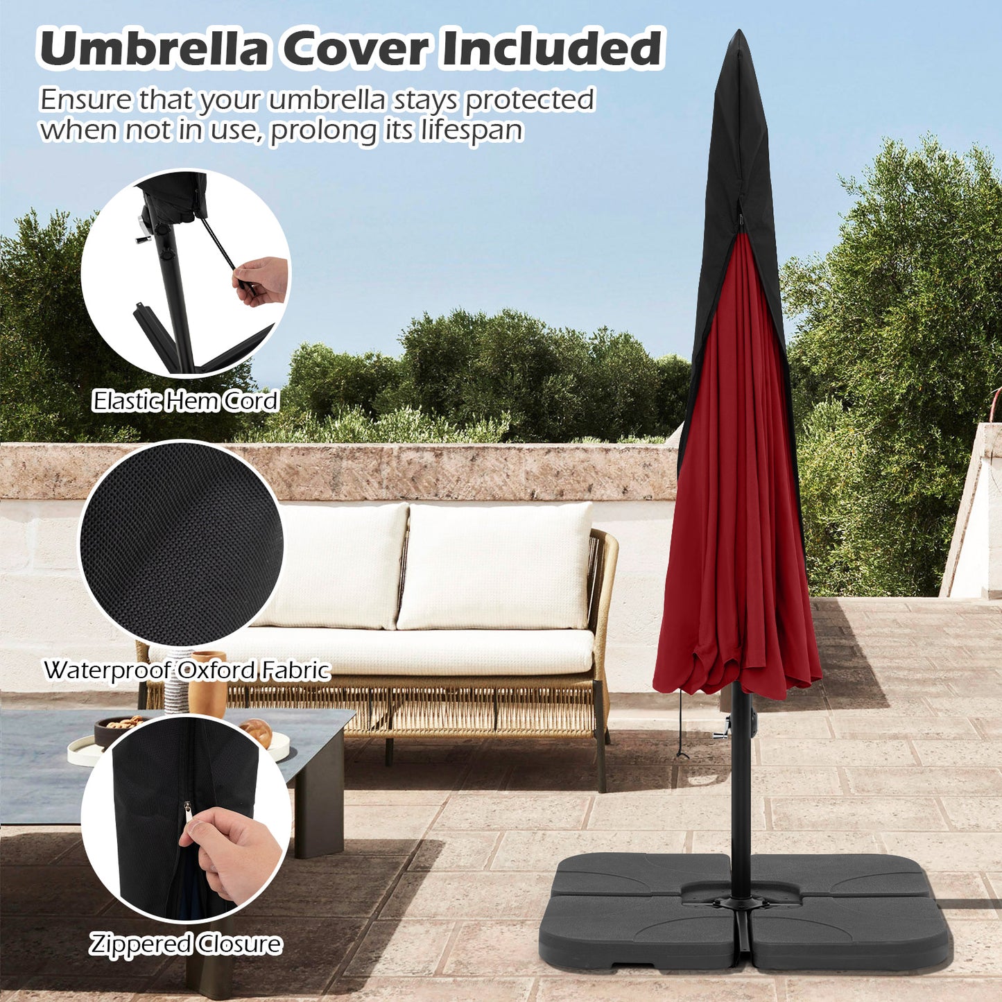10 Feet Patio Cantilever Umbrella with Cover Tilt Adjustment and Ruffled Edge-Wine Kids Crystal