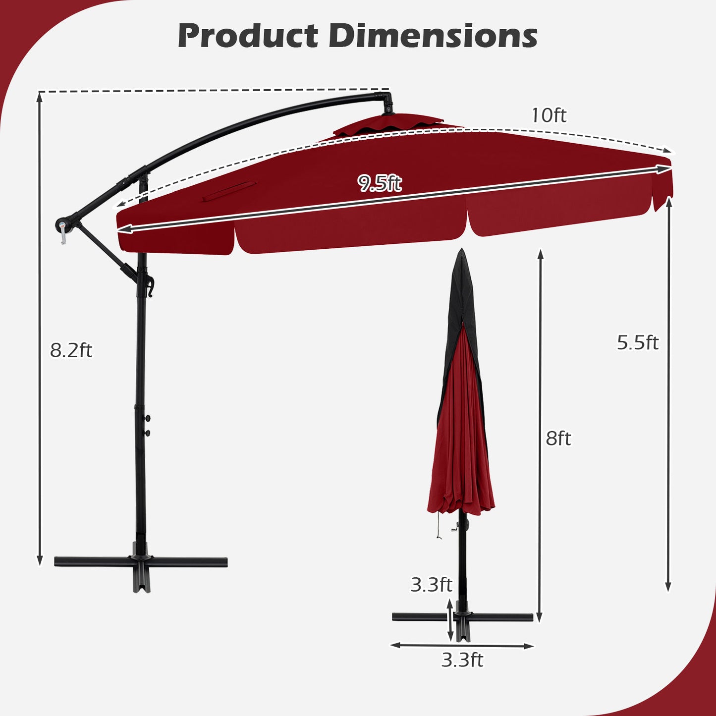 10 Feet Patio Cantilever Umbrella with Cover Tilt Adjustment and Ruffled Edge-Wine Kids Crystal