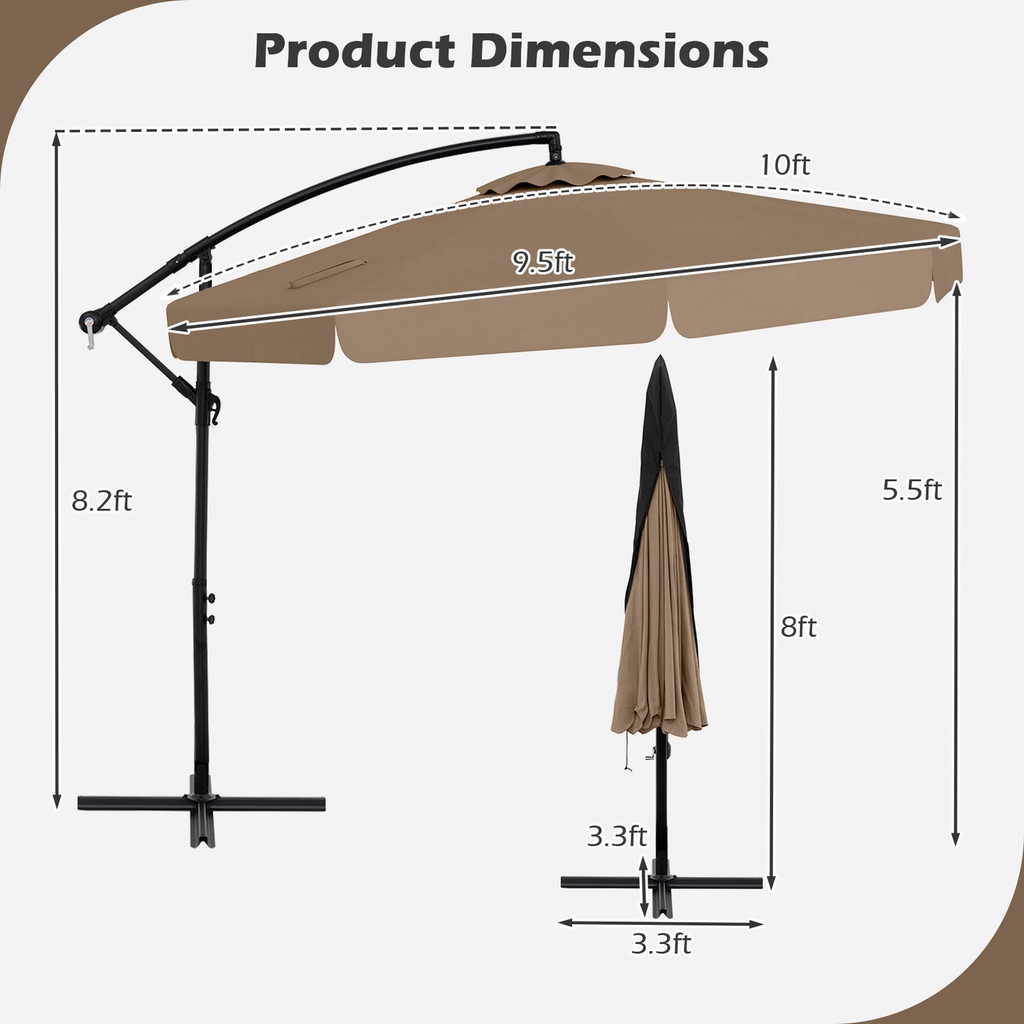 10 Feet Patio Cantilever Umbrella with Cover Tilt Adjustment and Ruffled Edge-Taupe Kids Crystal
