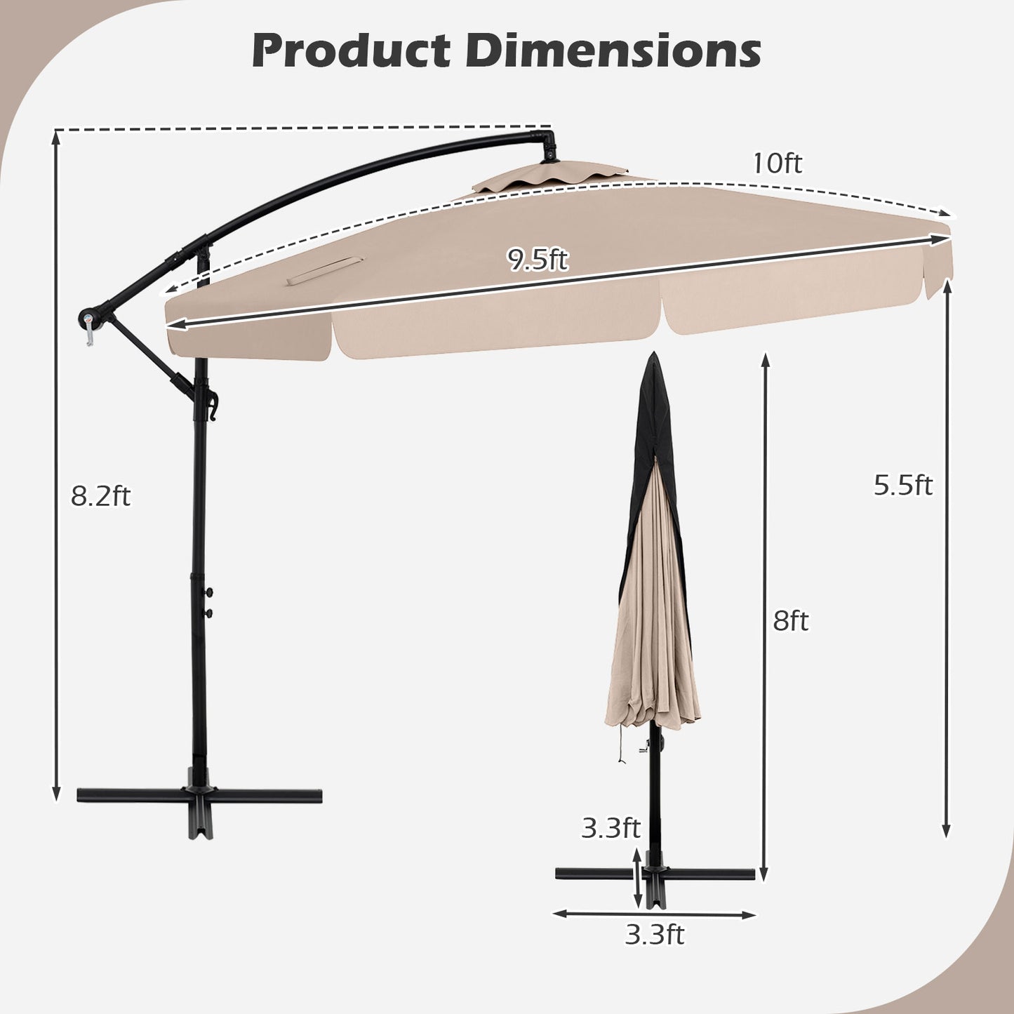 10 Feet Patio Cantilever Umbrella with Cover Tilt Adjustment and Ruffled Edge-Beige Kids Crystal