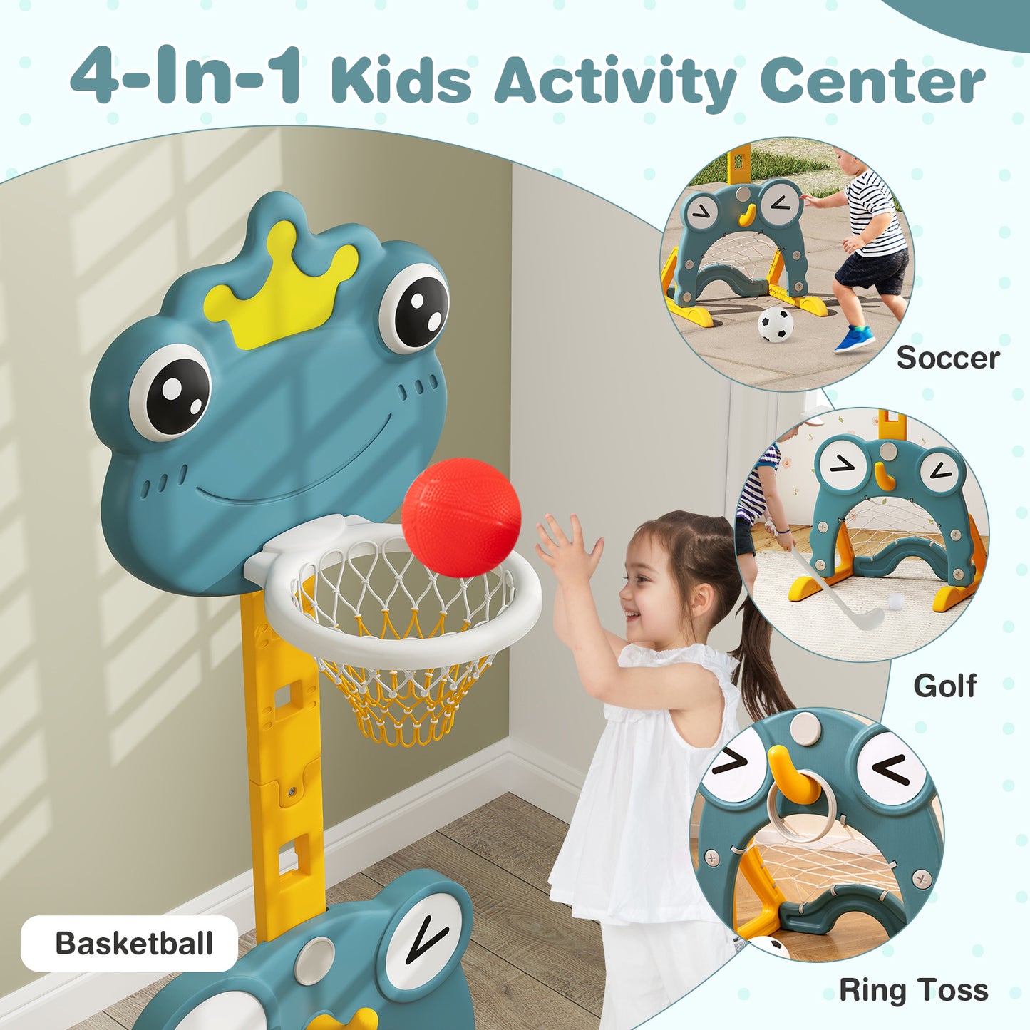 4-in-1 Toddler Basketball Hoop with Rim and Soccer Goal for 3+ Kids Kids Crystal