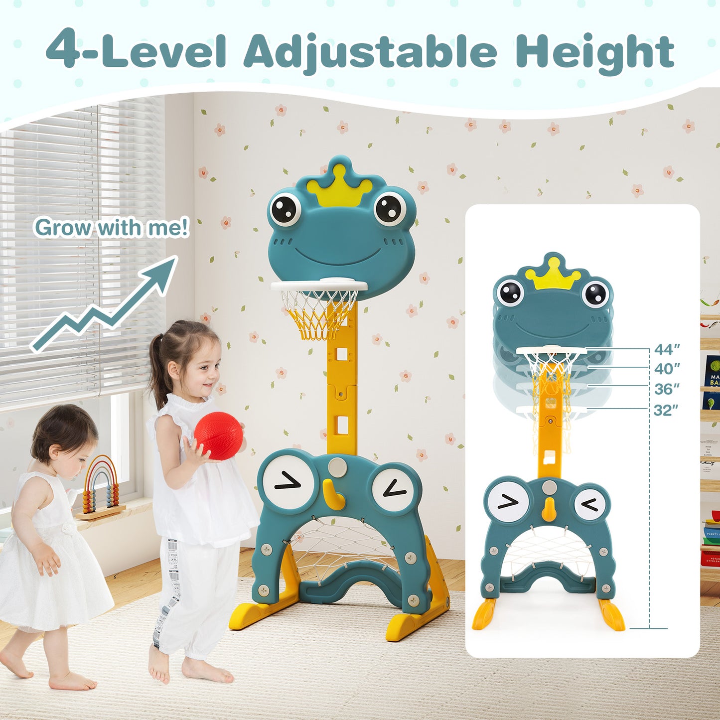 4-in-1 Toddler Basketball Hoop with Rim and Soccer Goal for 3+ Kids Kids Crystal