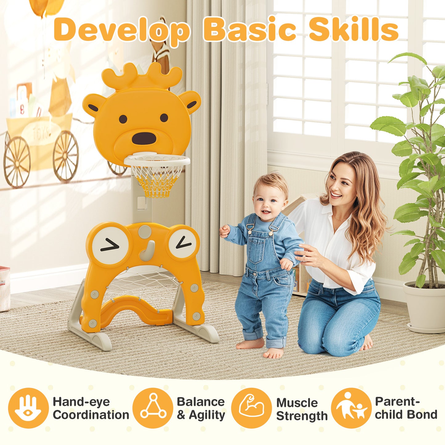 4-in-1 Toddler Height Adjustable Basketball Hoop with Ring Toss for 3+ Kids Kids Crystal