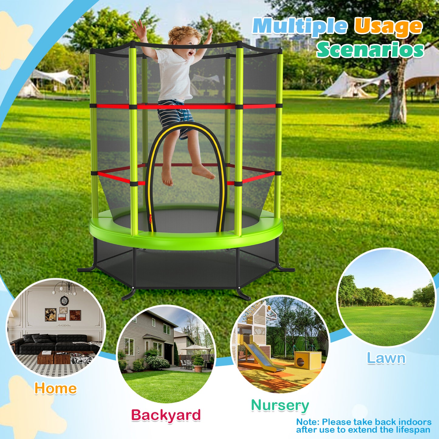 55 Inch Kids Recreational Trampoline Bouncing Jumping Mat with Enclosure Net-Green Kids Crystal