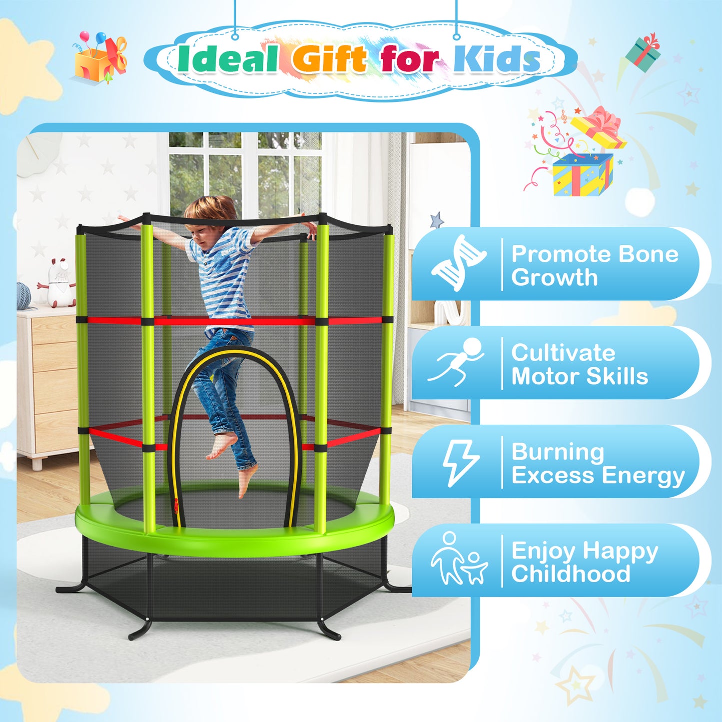 55 Inch Kids Recreational Trampoline Bouncing Jumping Mat with Enclosure Net-Green Kids Crystal
