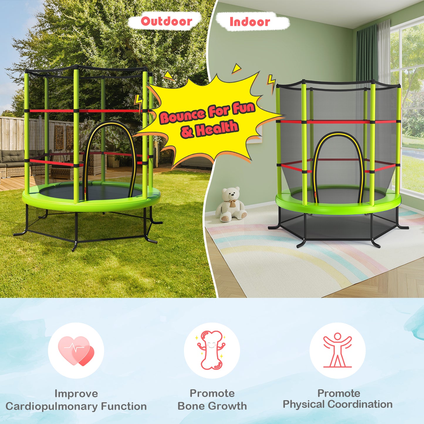 55 Inch Kids Recreational Trampoline Bouncing Jumping Mat with Enclosure Net-Green Kids Crystal