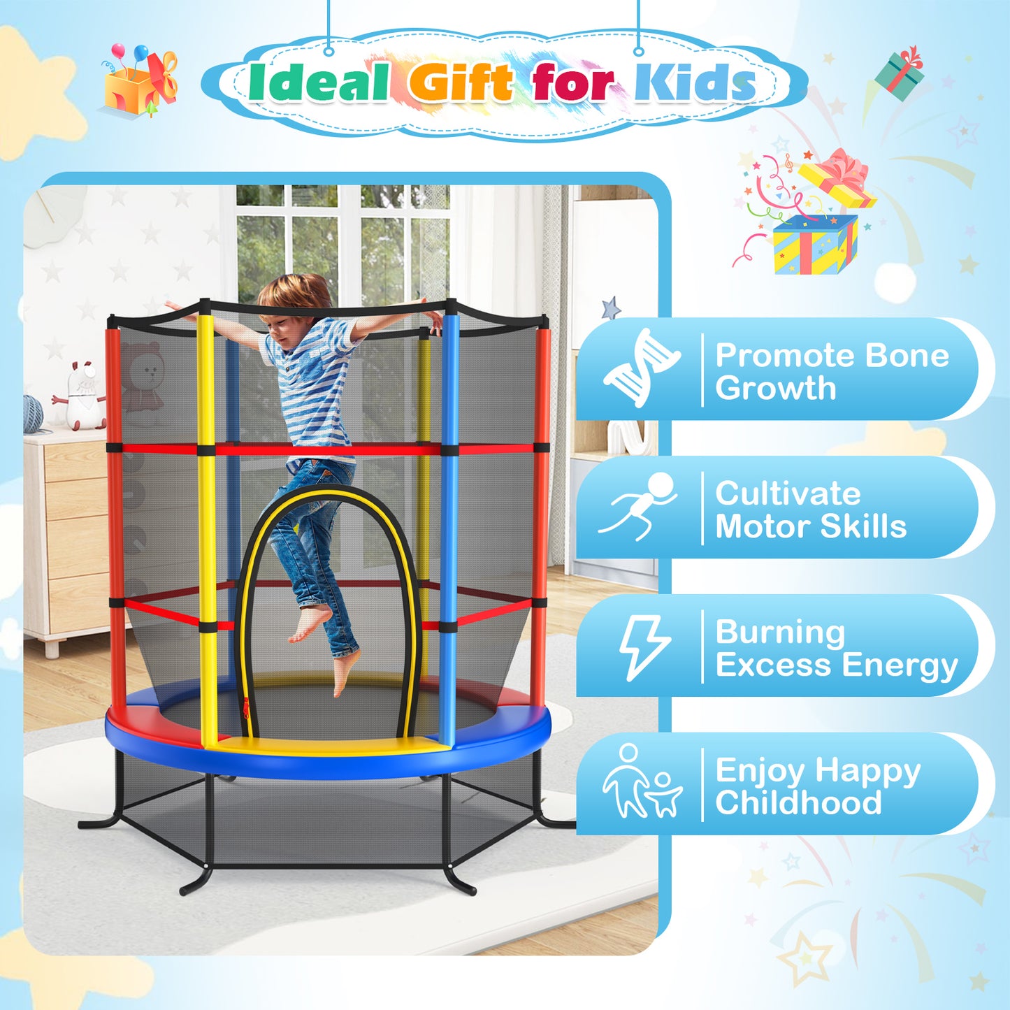 55 Inch Kids Recreational Trampoline Bouncing Jumping Mat with Enclosure Net-Yellow Kids Crystal