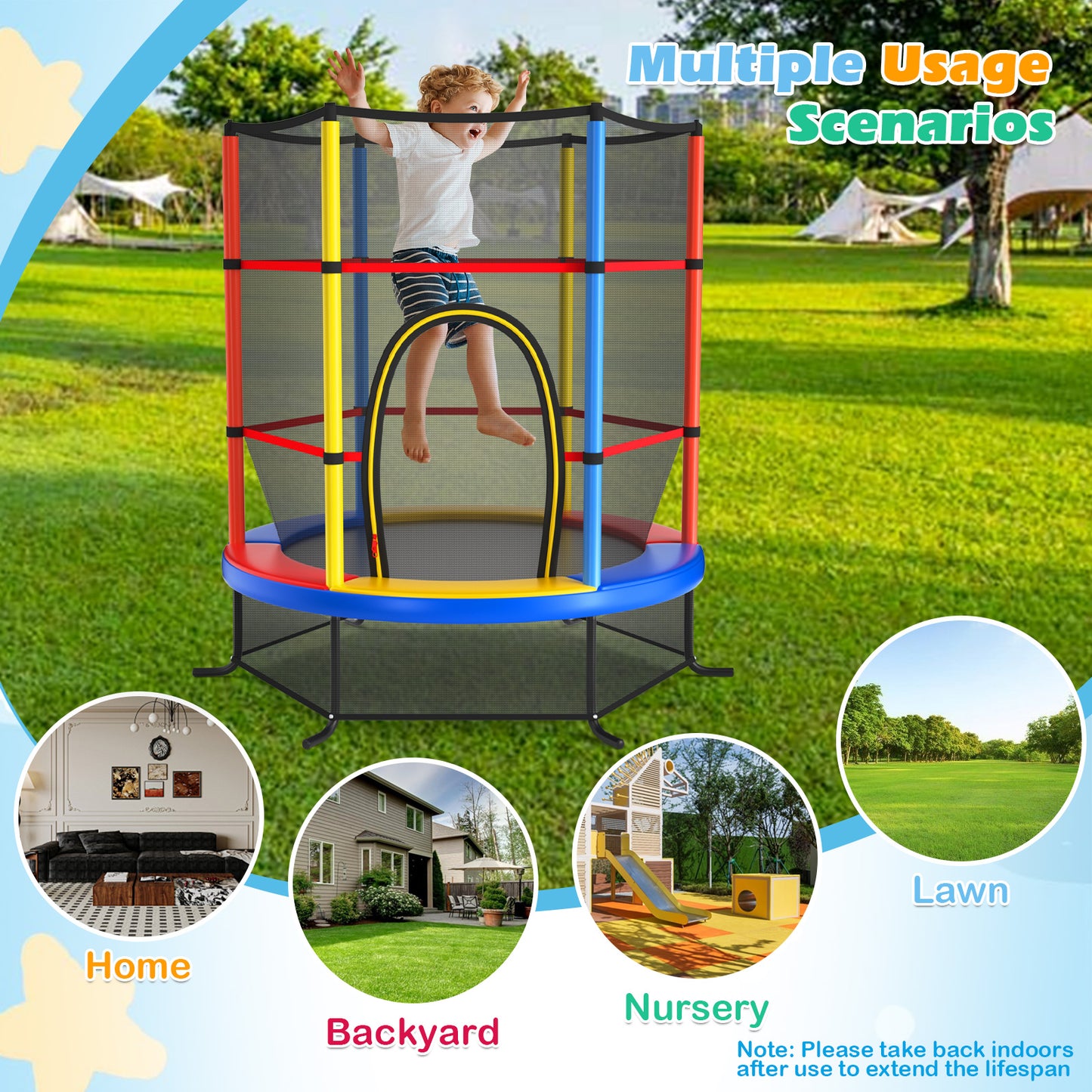 55 Inch Kids Recreational Trampoline Bouncing Jumping Mat with Enclosure Net-Yellow Kids Crystal