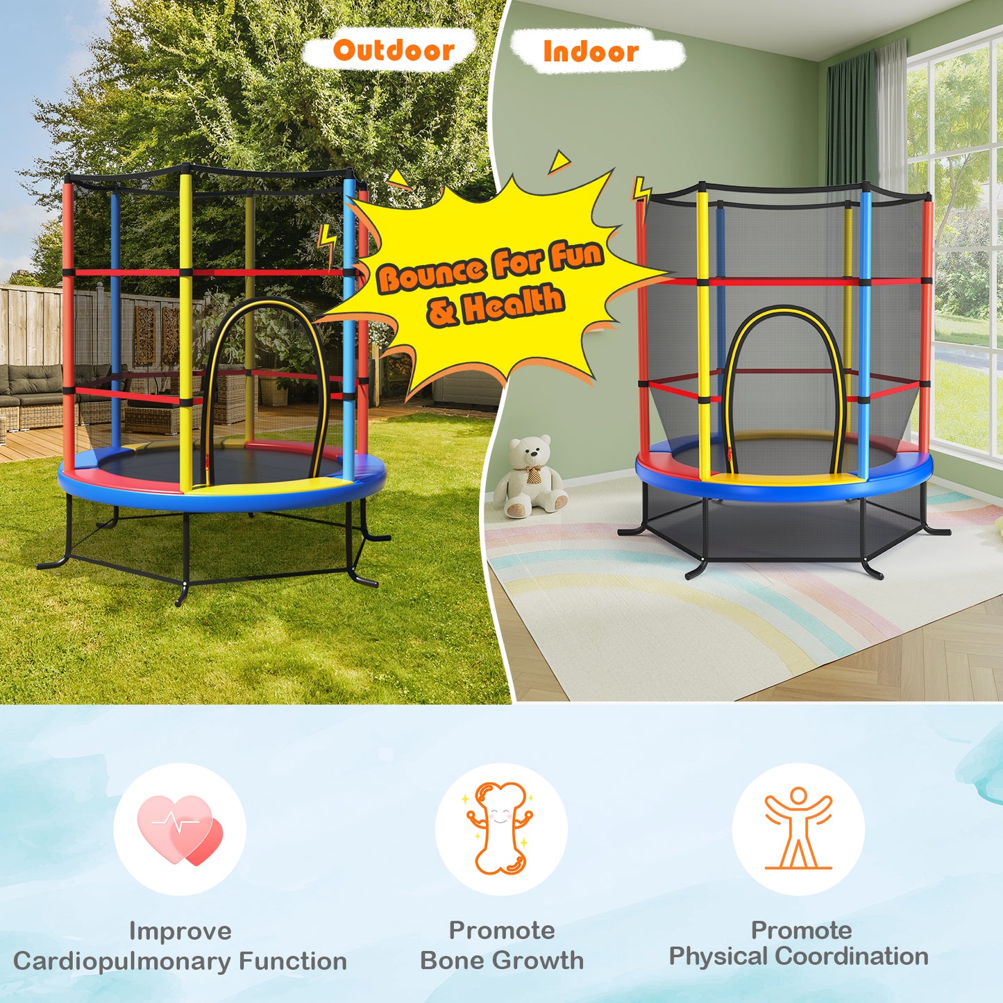 55 Inch Kids Recreational Trampoline Bouncing Jumping Mat with Enclosure Net-Yellow Kids Crystal