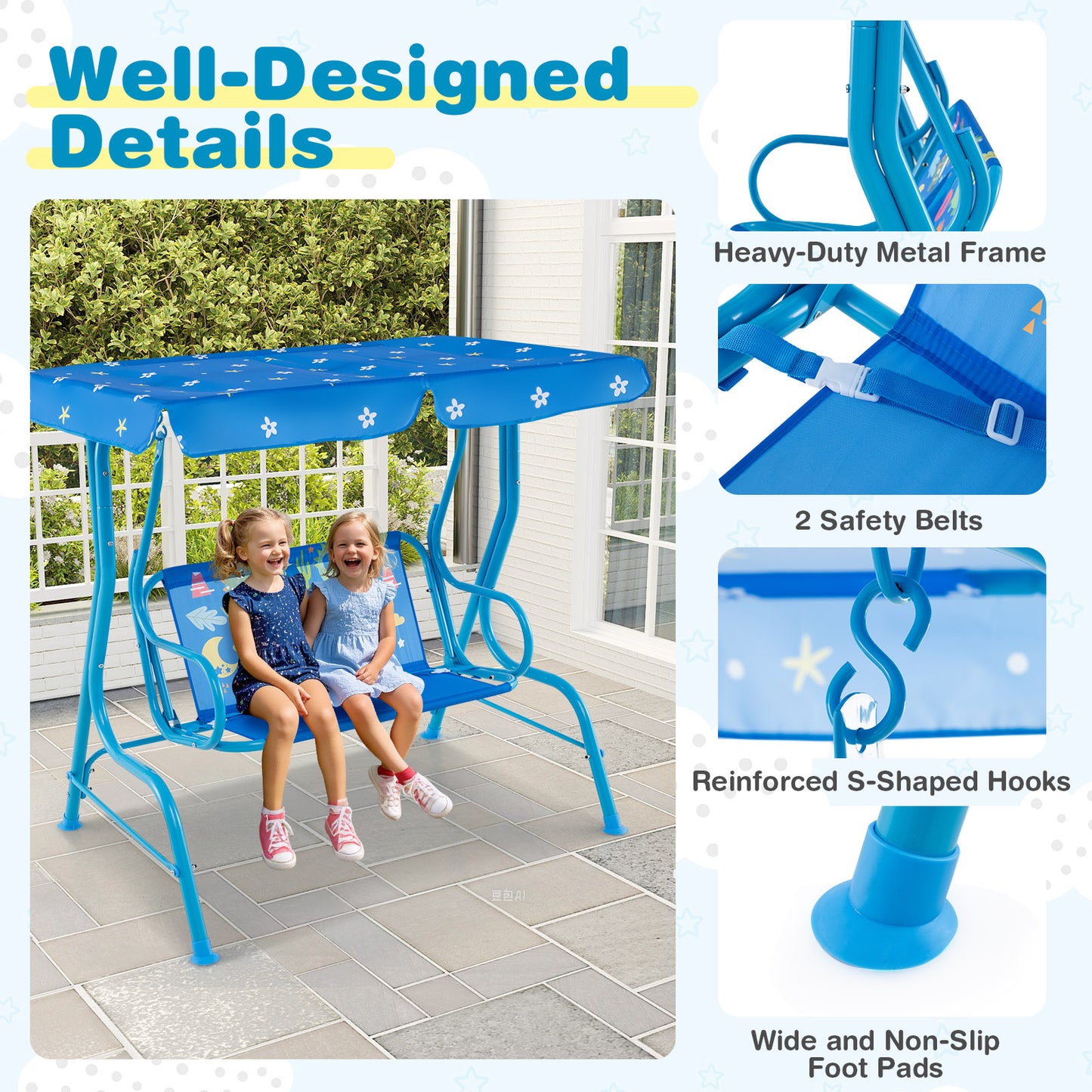 2-Seater Kids Patio Swing with Metal Stand and Adjustable Canopy-Bule Kids Crystal