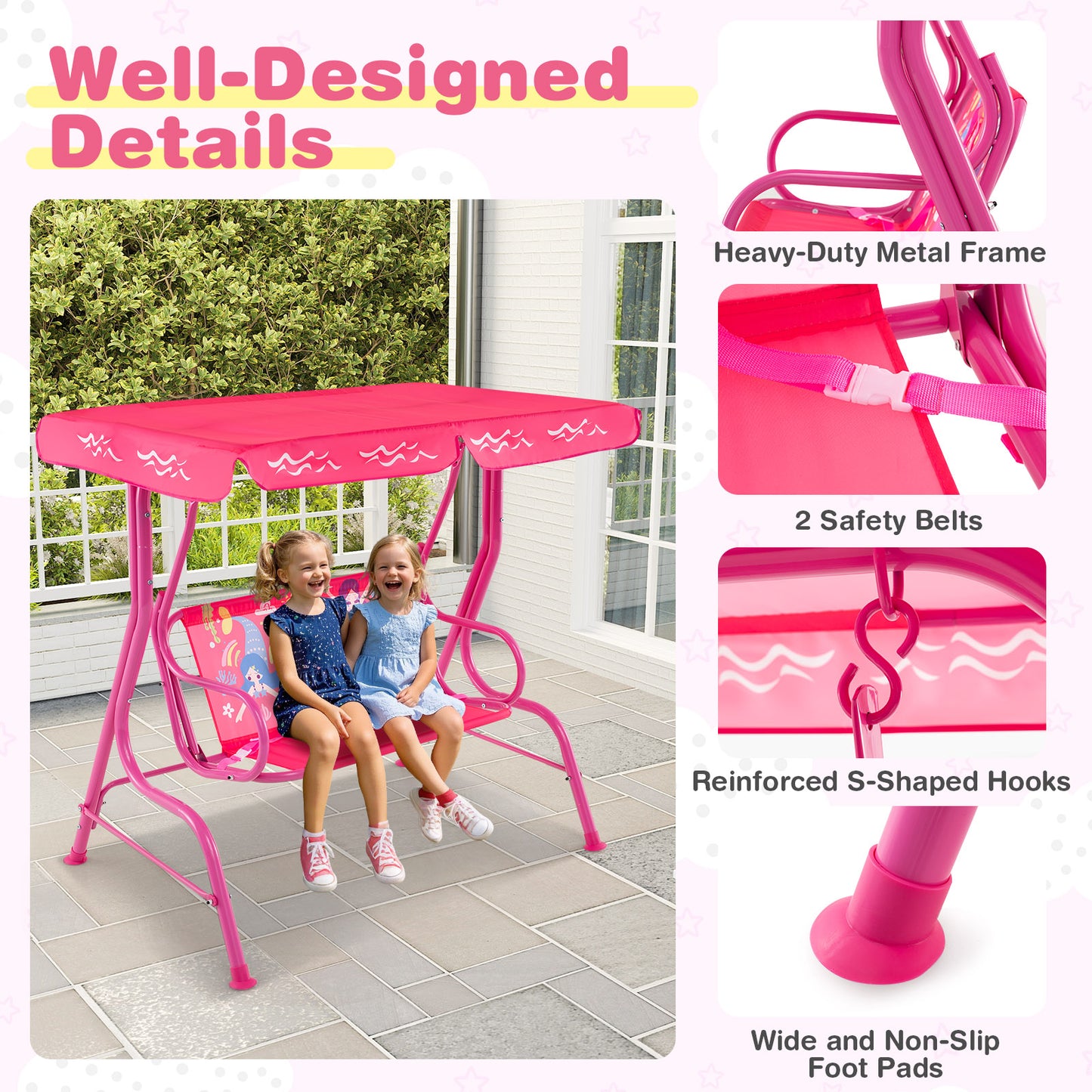 2-Seater Kids Patio Swing with Metal Stand and Adjustable Canopy-Pink Kids Crystal