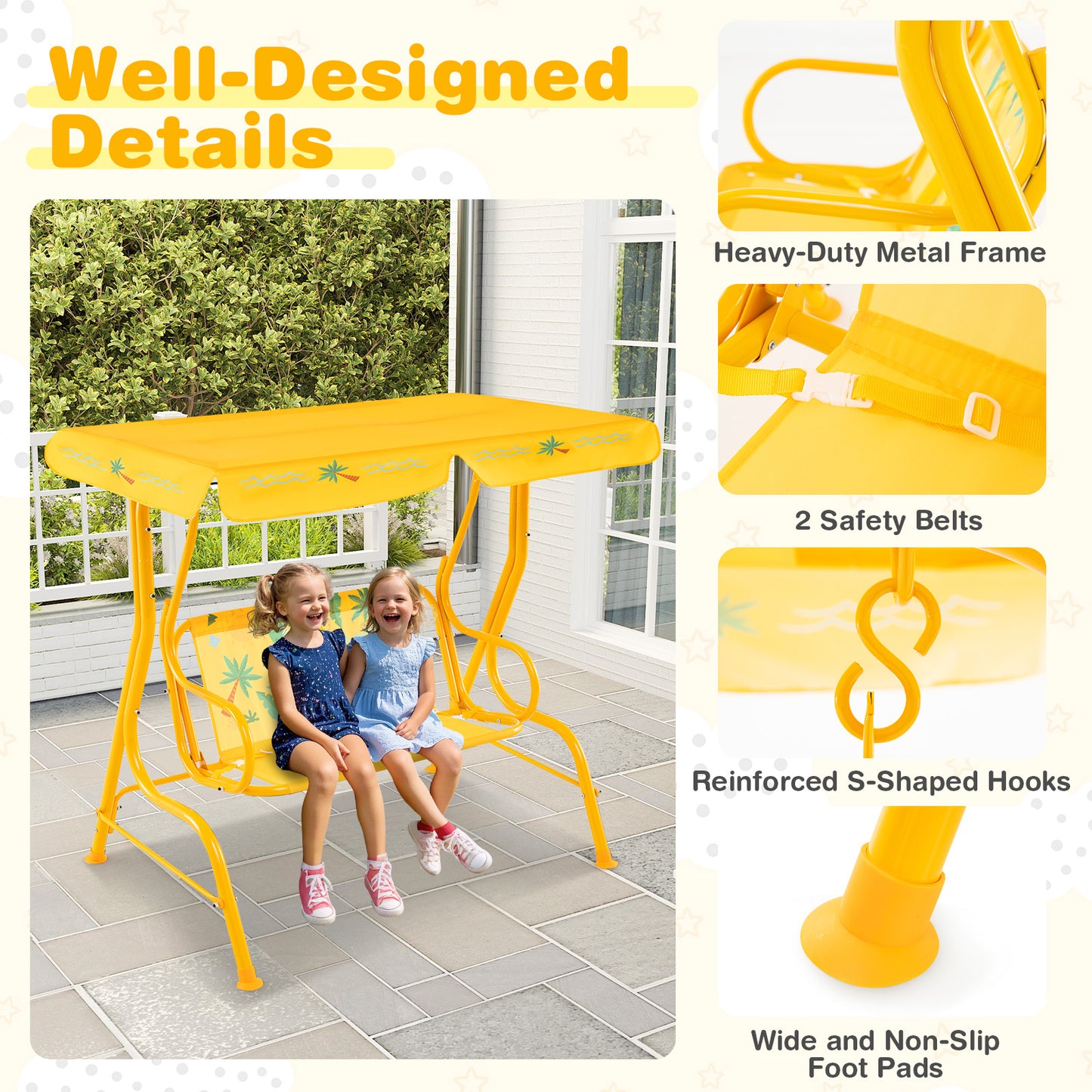 2-Seater Kids Patio Swing with Metal Stand and Adjustable Canopy-Yellow Kids Crystal