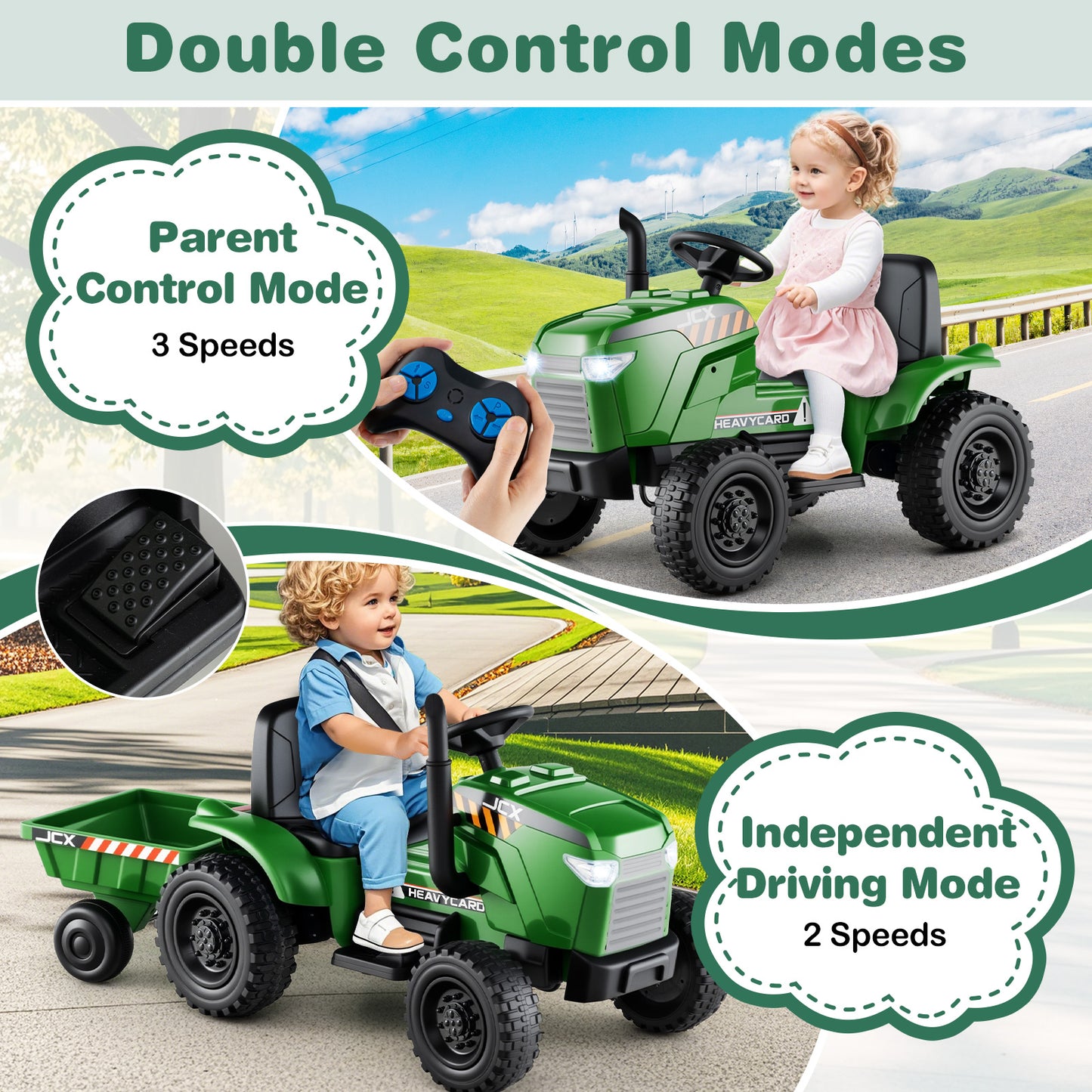 12V 2-in-1 Kids Ride On Tractor with Trailer and 3-Gear Shift-Grayish Green Kids Crystal