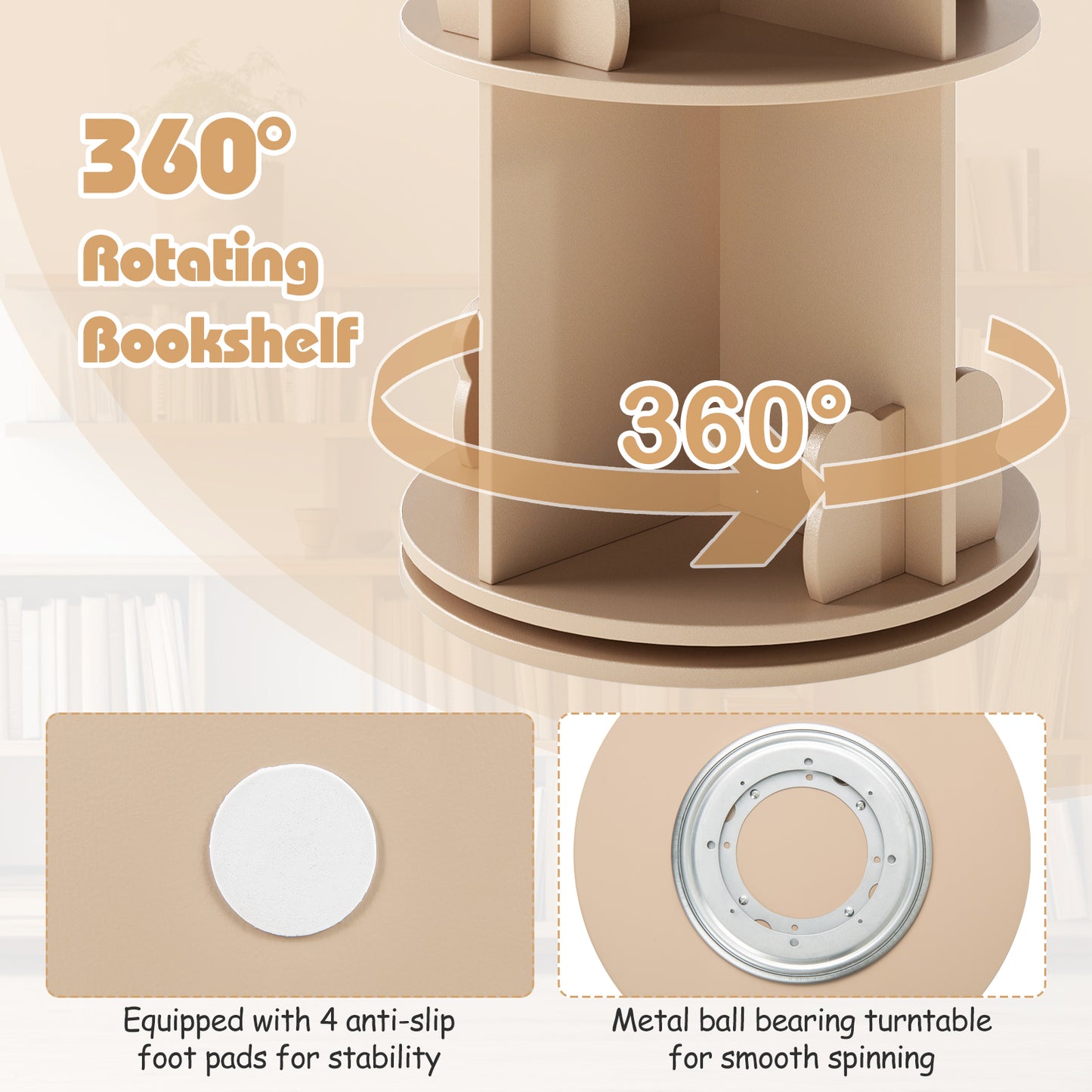 2 Tier Freestanding Kids Rotating Bookshelf Storage Rack with Bear Baffles-Natural Kids Crystal