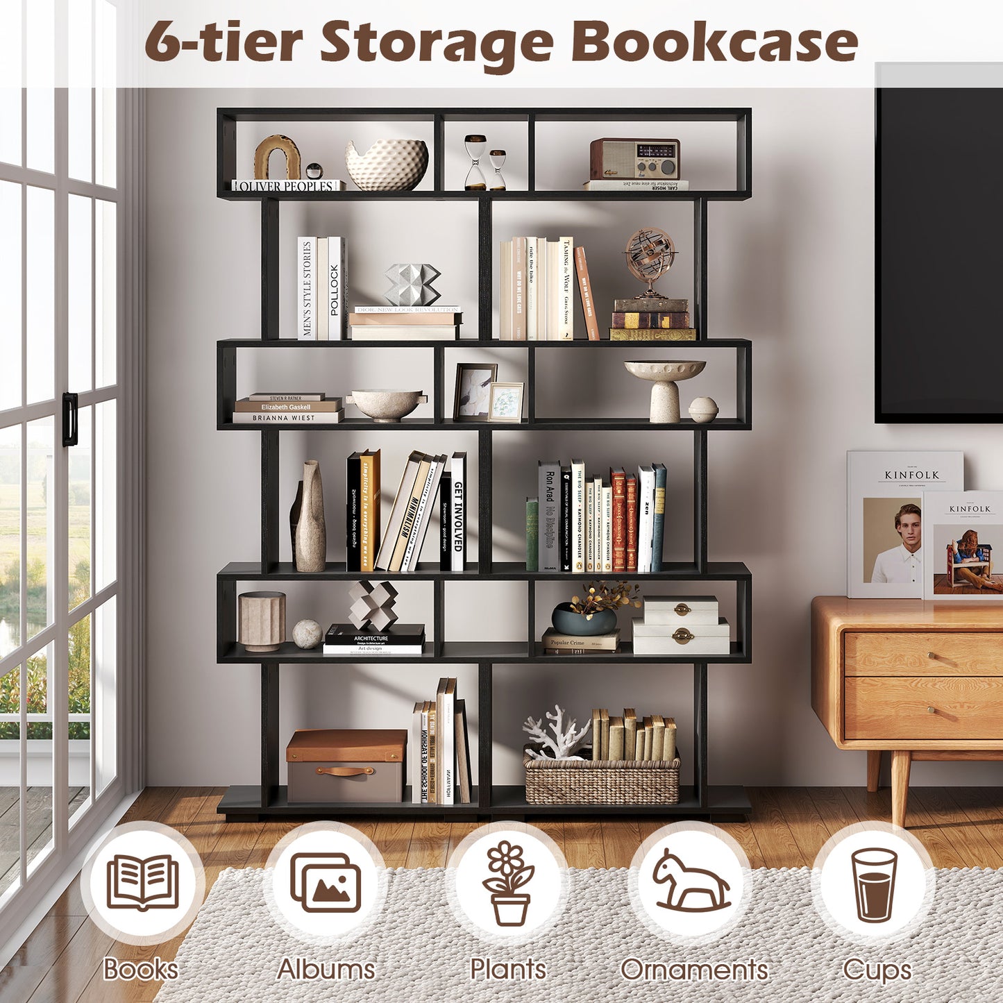 6-Tier Geometric Bookshelf with 2 Anti-Tipping Kits for Home Office-Black