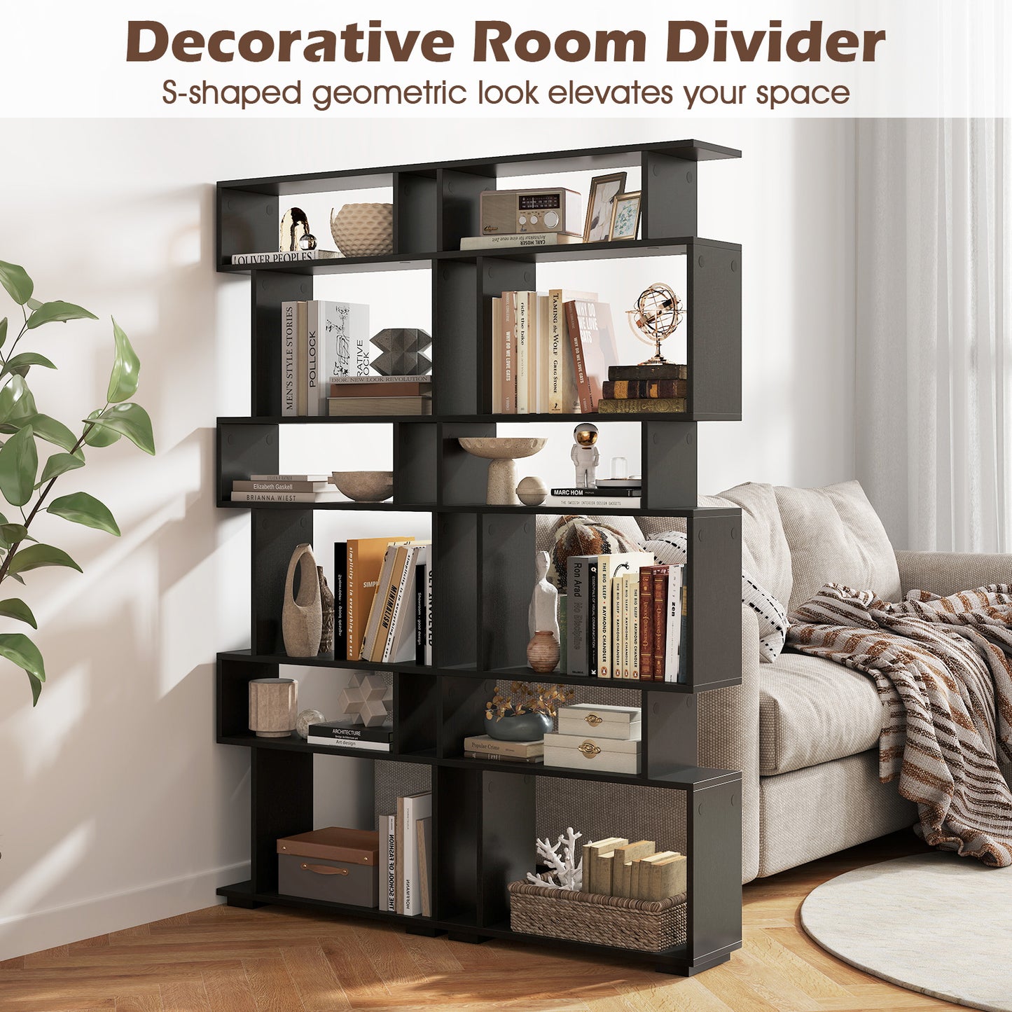 6-Tier Geometric Bookshelf with 2 Anti-Tipping Kits for Home Office-Black