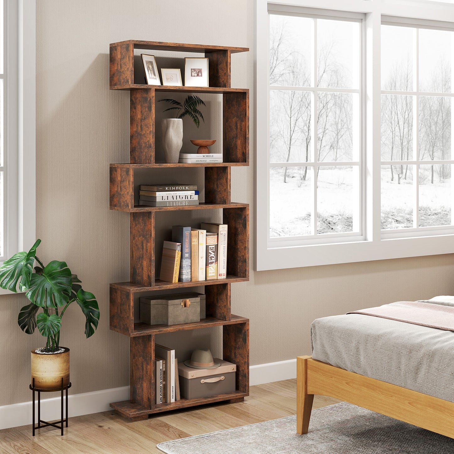 6-Tier Geometric Bookshelf with 2 Anti-Tipping Kits for Home Office-Brown Kids Crystal
