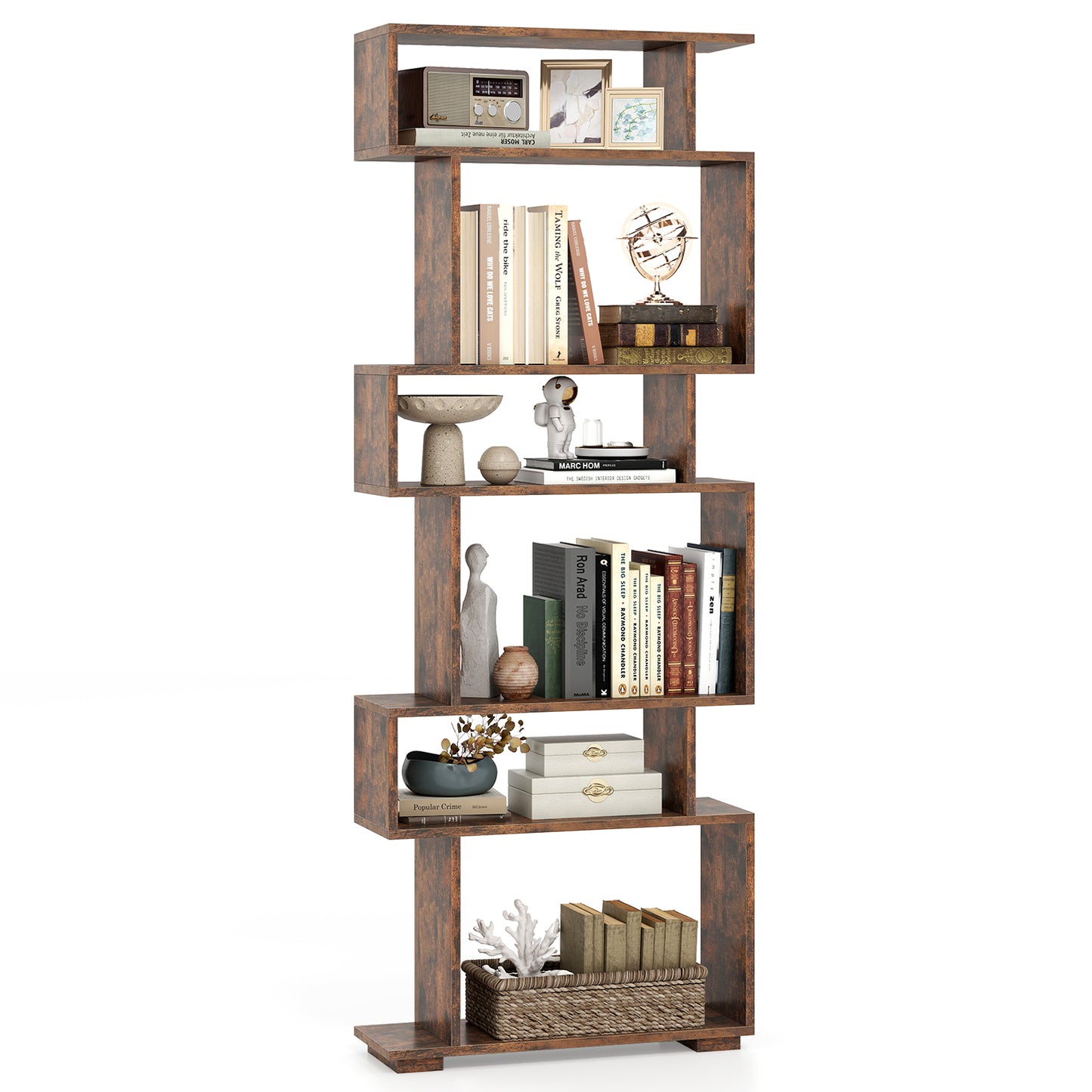 6-Tier Geometric Bookshelf with 2 Anti-Tipping Kits for Home Office-Brown Kids Crystal